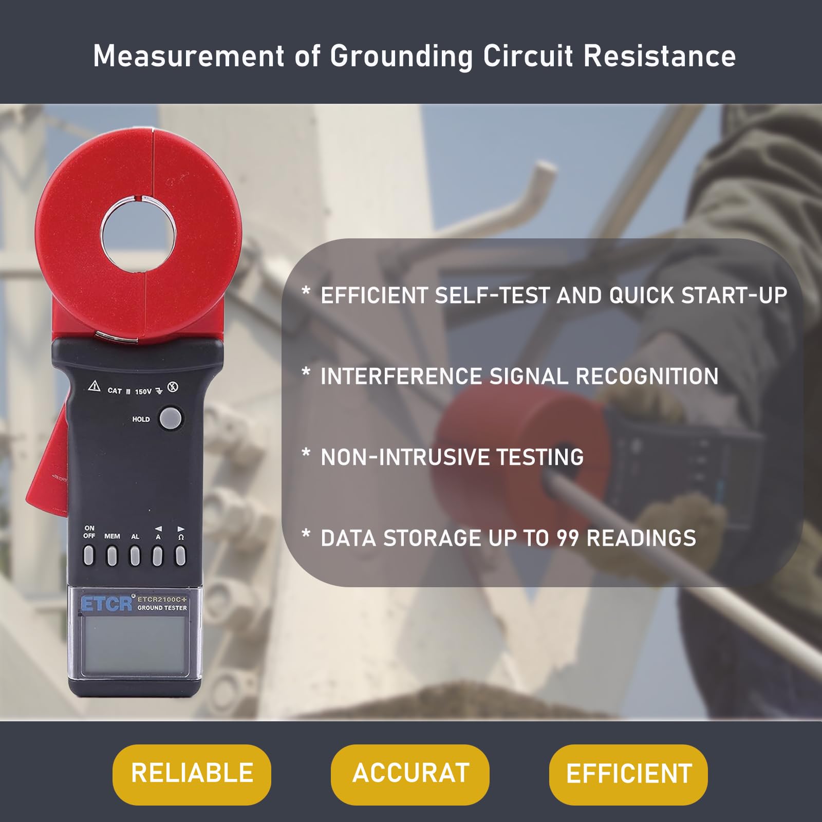 ETCR2100C+ Digital Clamp Ground Earth Resistance Tester Meter (0.01-1200Ω, 0.00mA-20.0A) - Professional Electrical Testing Tool for Industrial Maintenance, Solar Panel Systems & Home Wiring Safety