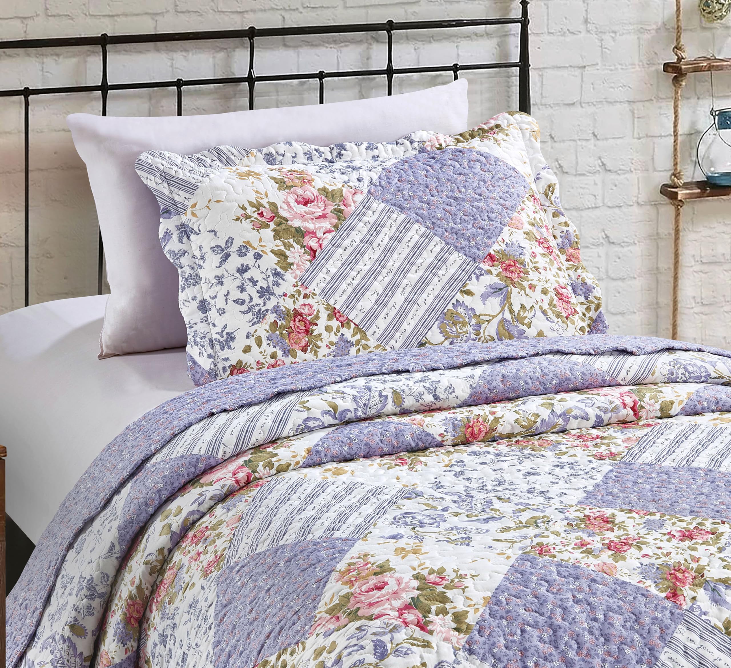 Reversible 2-Piece Quilt Set with Sham - Rose Violet Patchwork Bedspread | Lightweight All-Season Twin Size Coverlet | Perfect for Guest Rooms, Dorm Decor & Cozy Bedroom Makeover