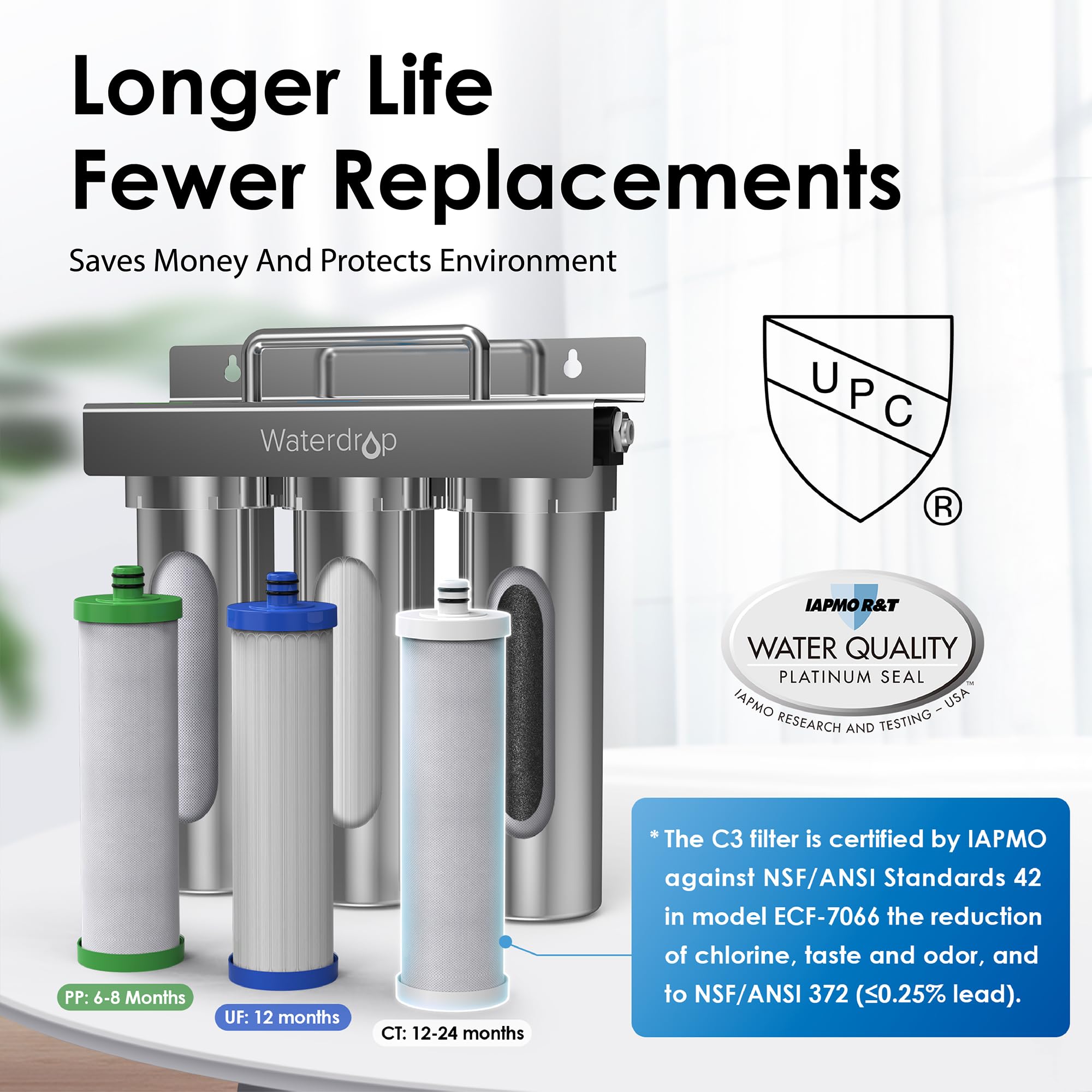 Waterdrop TST-UF 0.01μm Ultra-Filtration Under Sink Water Filter System - Stainless Steel Kitchen Faucet Filter with 5X Service Life, Removes 99.99% of Contaminants >0.01μm - Perfect for Clean Drinking Water, Cooking, and Healthy Home Hydration