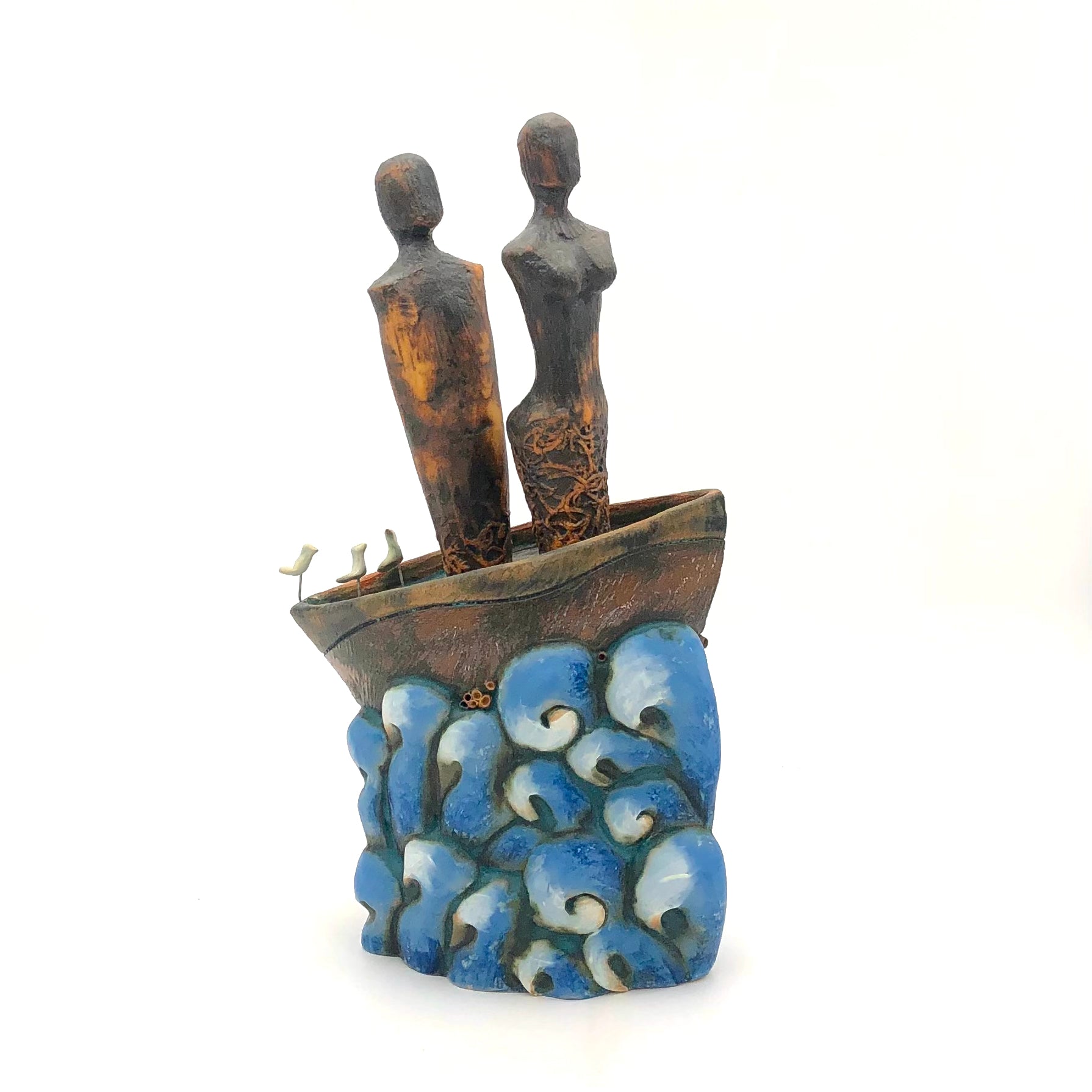 Cathy Broski Handmade Ceramic Sculpture - Boat with 2 Spike Figures Art Piece for Home Decor, Office Display & Gift Giving