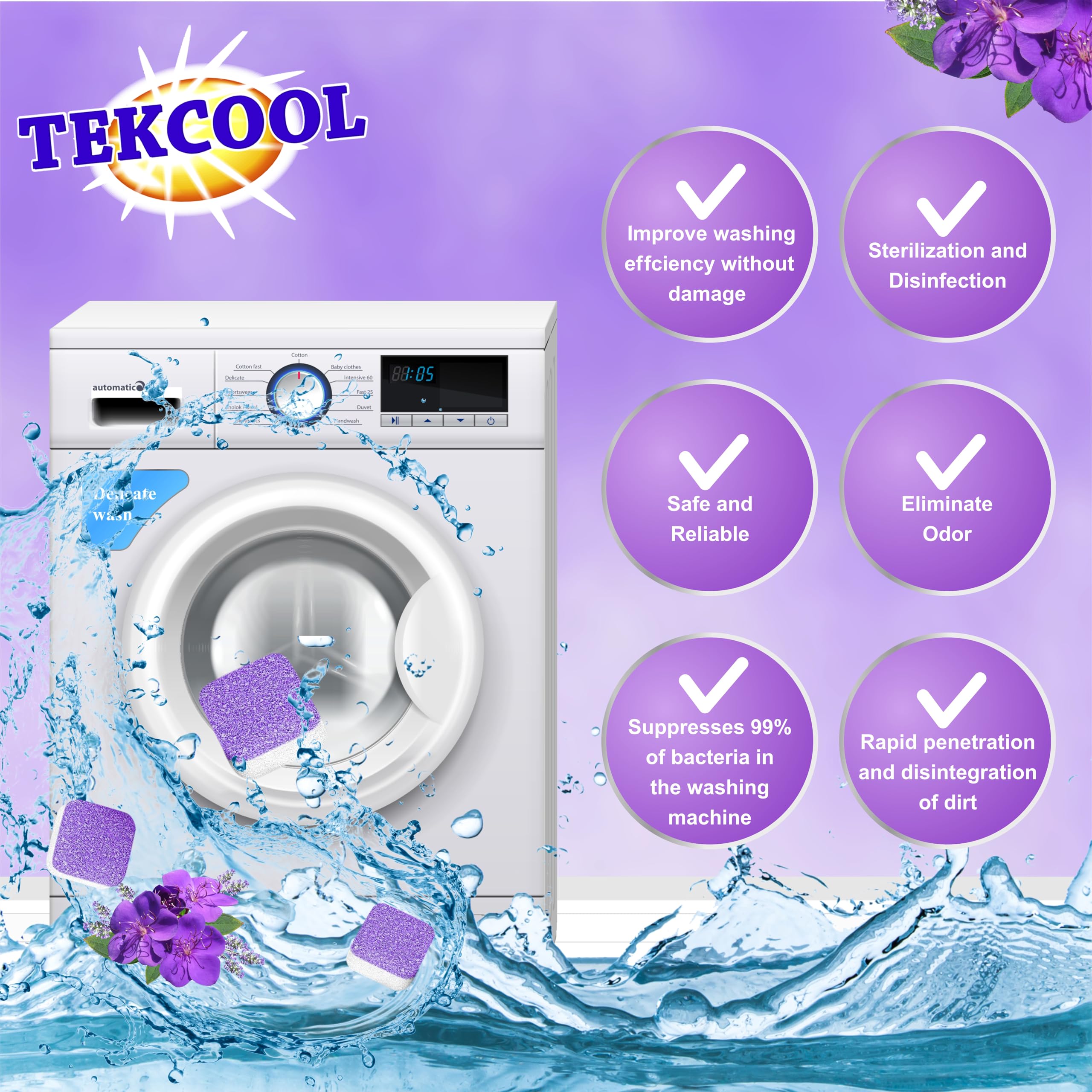 TEKCOOL Washing Machine Cleaner Tablets - 24 Pack Lavi Lavender Scented Descaling Powder for Deep Cleaning Front & Top Load Washers | Removes Odor, Mold & Residue | Ideal for Laundry Day, Home Cleaning & Appliance Maintenance