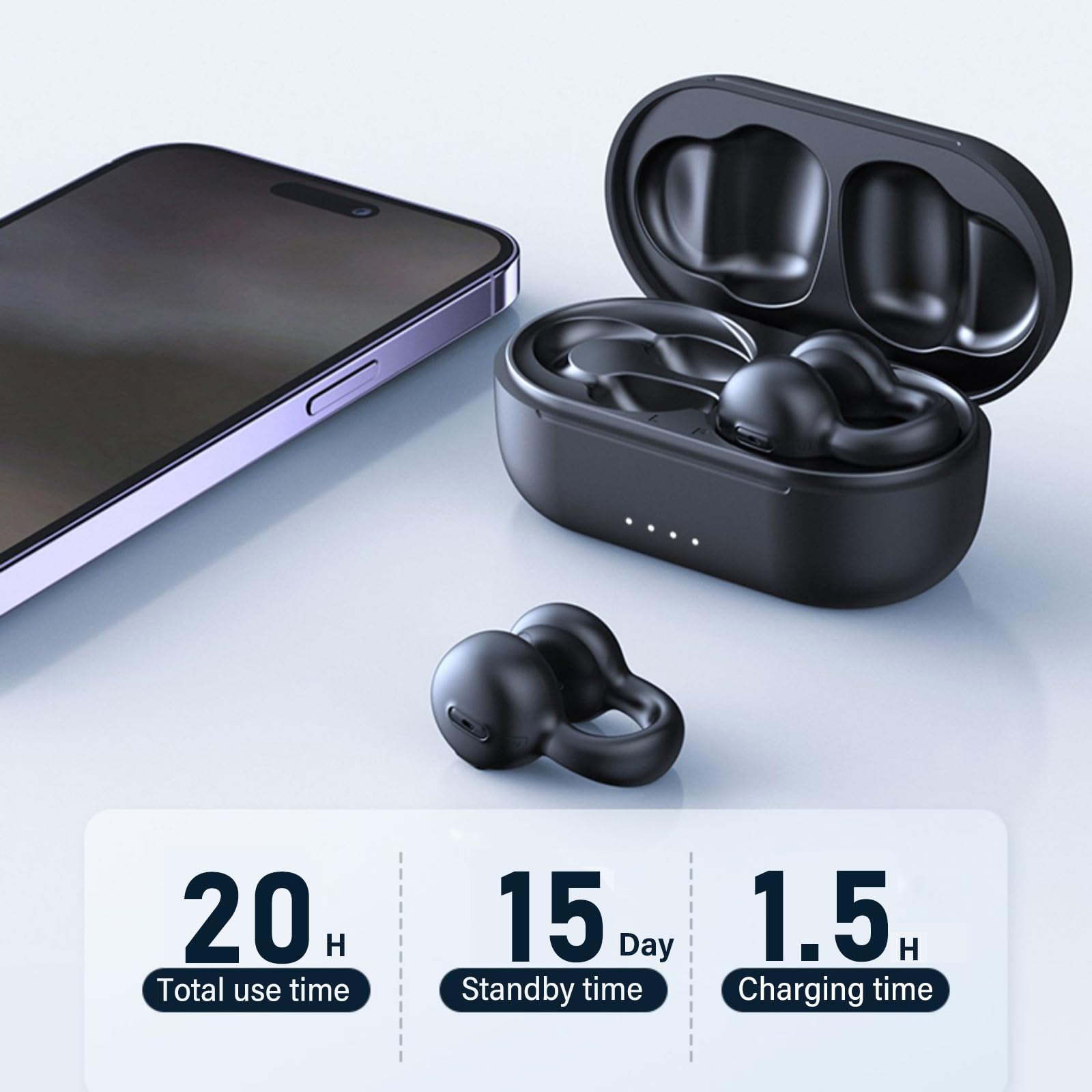 Wireless Open Ear Headphones - Bluetooth Clip-On Earbuds for Running, Cycling & Workouts - Over Ear Sports Headphones with 15H Battery & 15 Days Standby (Includes Charging Case) - Perfect for Gym, Jogging & Outdoor Activities