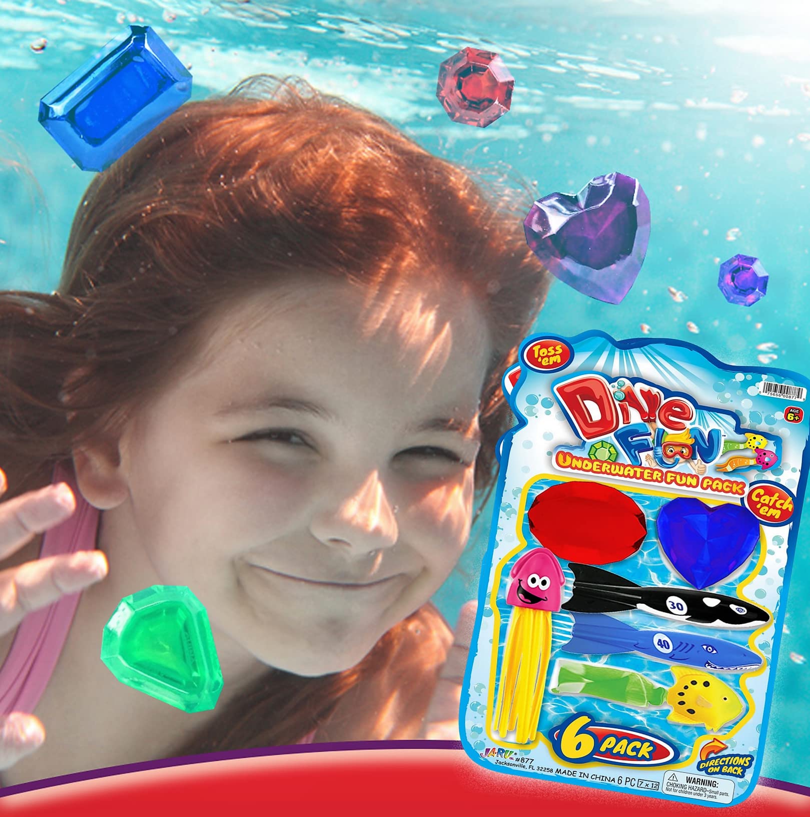 JA-RU Pool Diving Toys Set (6 Pack) - Sinking & Floating Bath Toys with Gems & Shark for Kids - Perfect for Swimming Pools, Beach Games, Birthday Party Favors and Outdoor Water Activities - Fun Summer Pool Accessories for Children