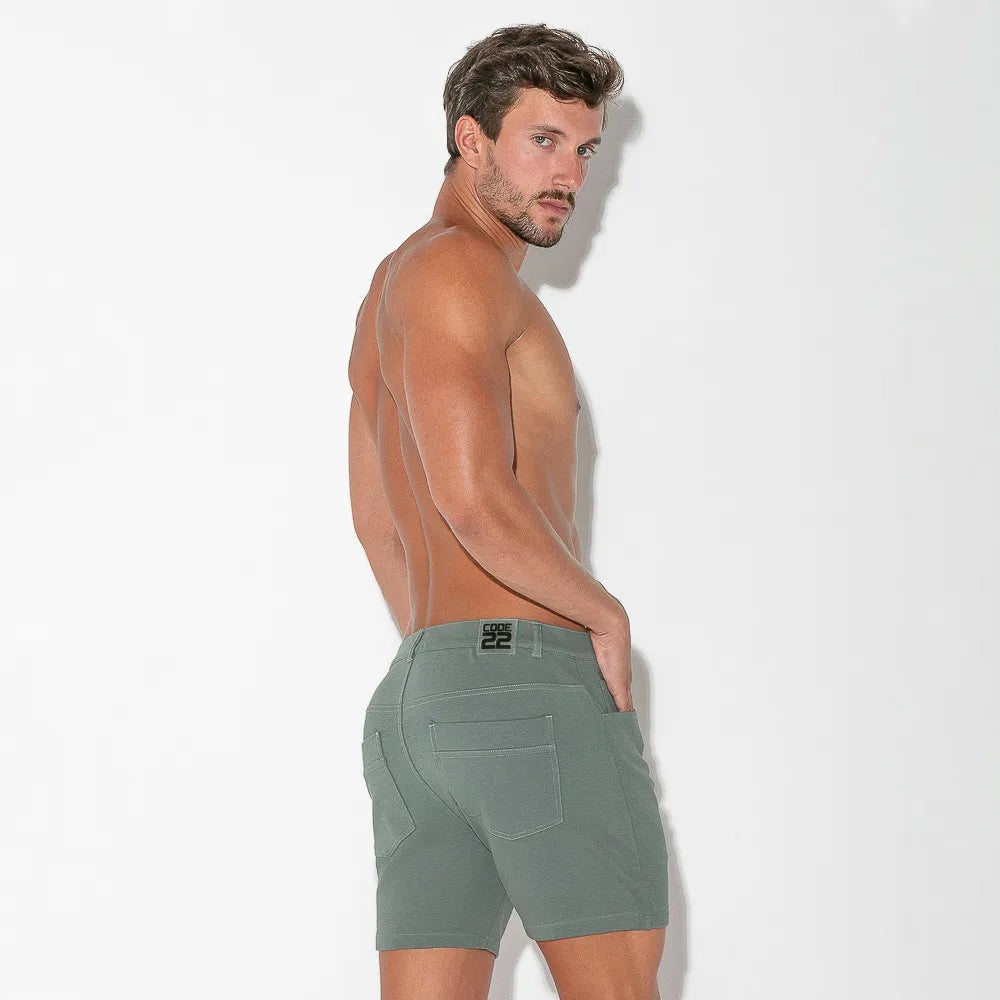 Code 22 Slim Fit 5-Pocket Stretch Shorts 9712 in Khaki Sage - Comfortable Men's Casual Shorts for Summer, Gym, and Outdoor Activities