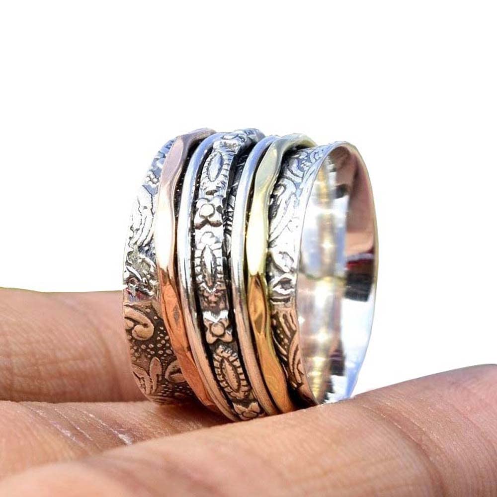 925 Sterling Silver Spinner Ring for Women & Men - Elegant Brass & Copper Textured Anxiety Relief Ring - Meditation, Stress Relief & Focus - Perfect for Daily Wear, Gifts & Relaxation