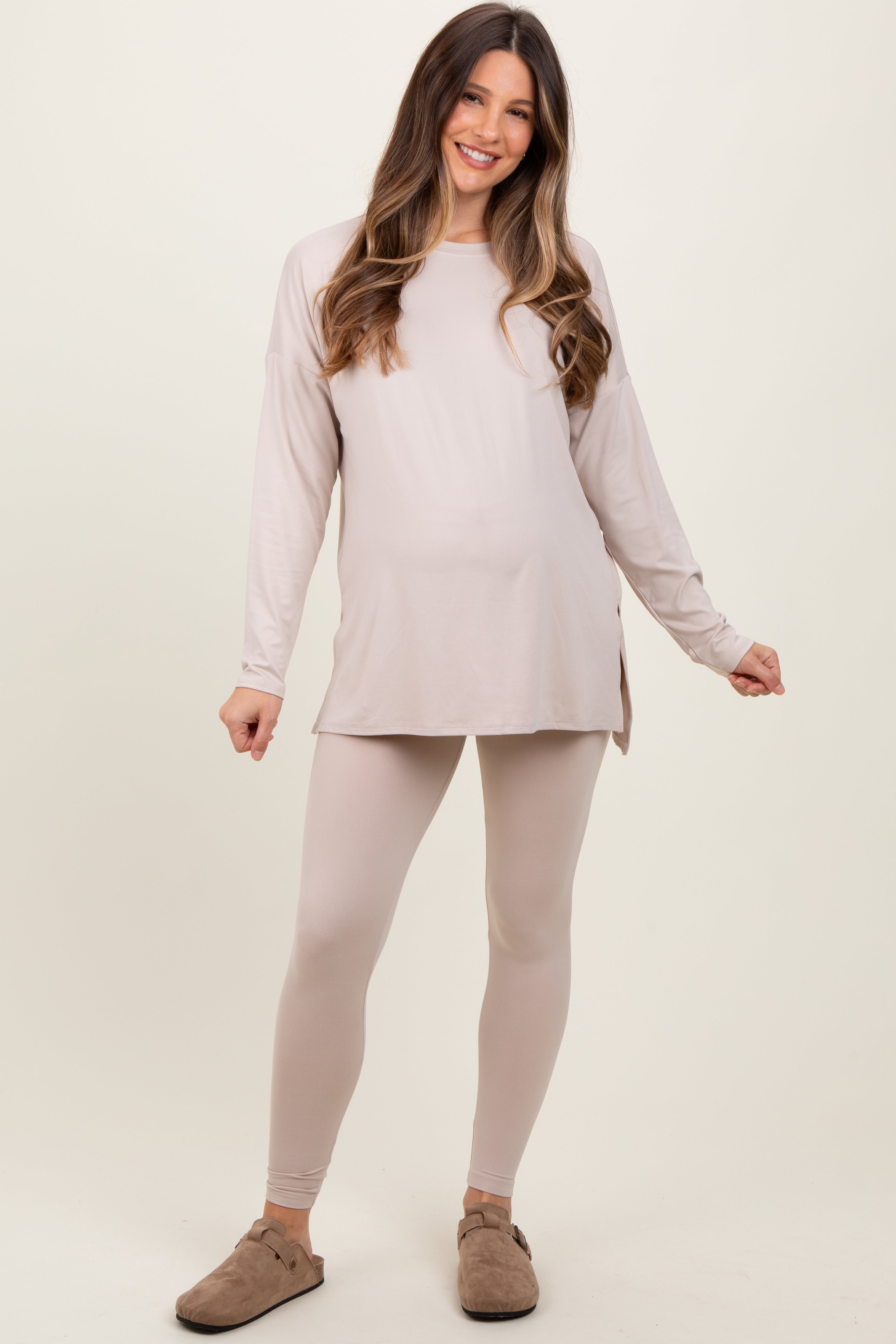 Beige Brushed Knit Maternity Oversized Top and Legging Set - Soft Pregnancy Outfit for Comfortable Lounge Wear & Maternity Photoshoot