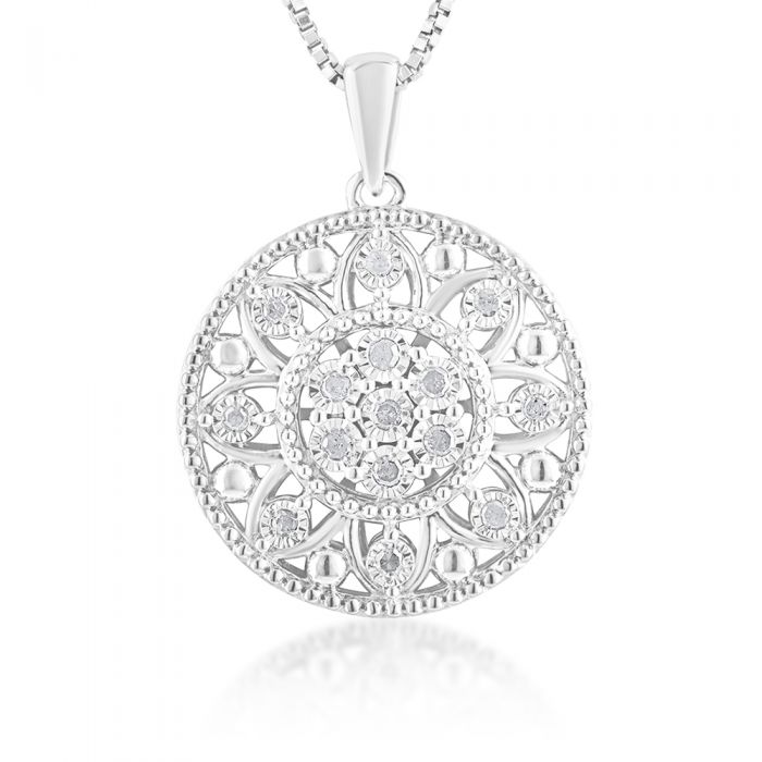 0.10 Carat Diamond Filigree Pendant in Sterling Silver - Elegant Necklace for Women, Perfect Gift for Anniversary, Valentine's Day & Special Occasions