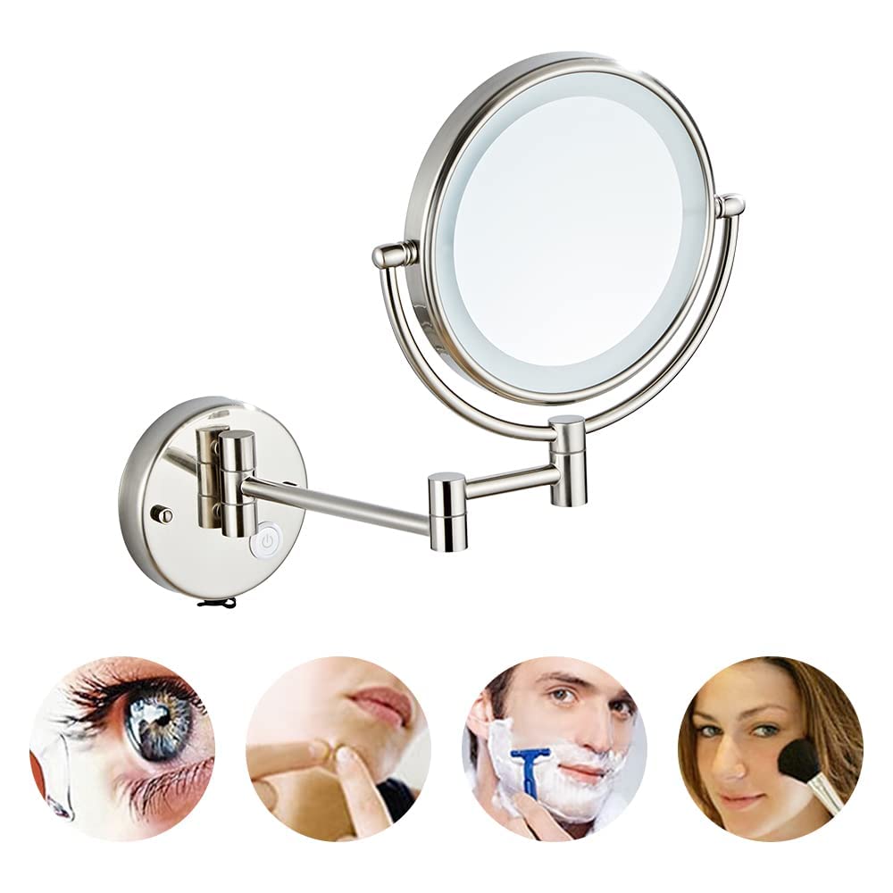 10X Magnification Wall Mounted Makeup Mirror with LED Lights - 8 Inch Double Sided Vanity Mirror, USB Rechargeable & Touch Control for Women (Nickel) - Perfect for Bathroom, Bedroom & Dressing Room Makeup Application