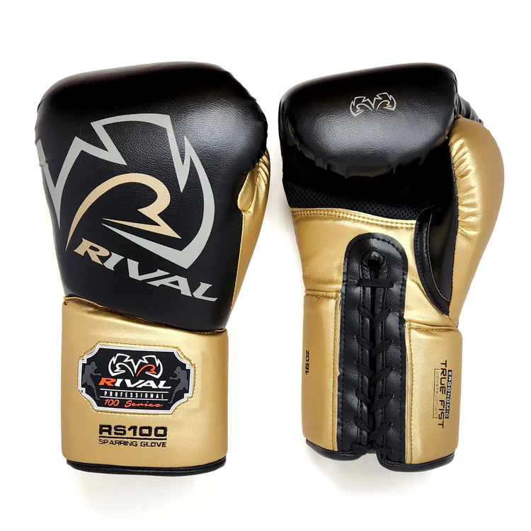 RIVAL RS100 Lace-Up Boxing Gloves Limited Edition Black & Gold - Premium Training & Sparring Gear for Fighters