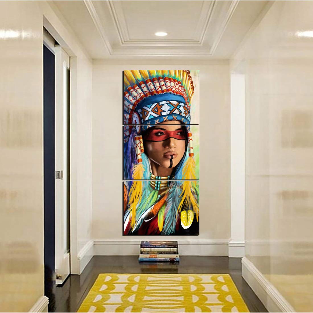 Native American Girl Canvas Wall Art - 3-Piece Framed Painting for Living Room Decor