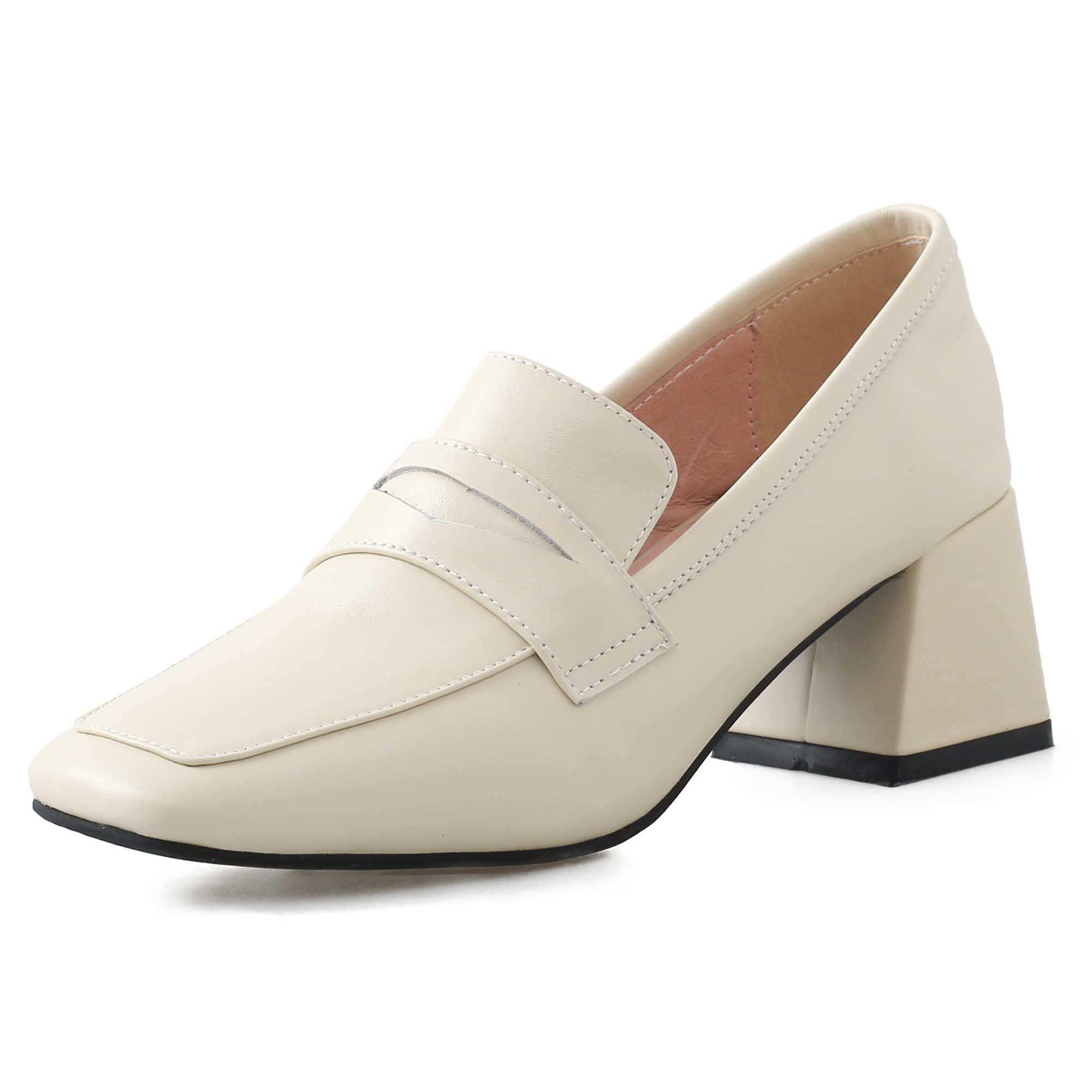 PARARICA Women's Leather Penny Loafers - Square Toe Chunky Heel Dress Shoes in Off White (Size 5.5) | Comfortable & Stylish for Office, Date Night & Casual Outings