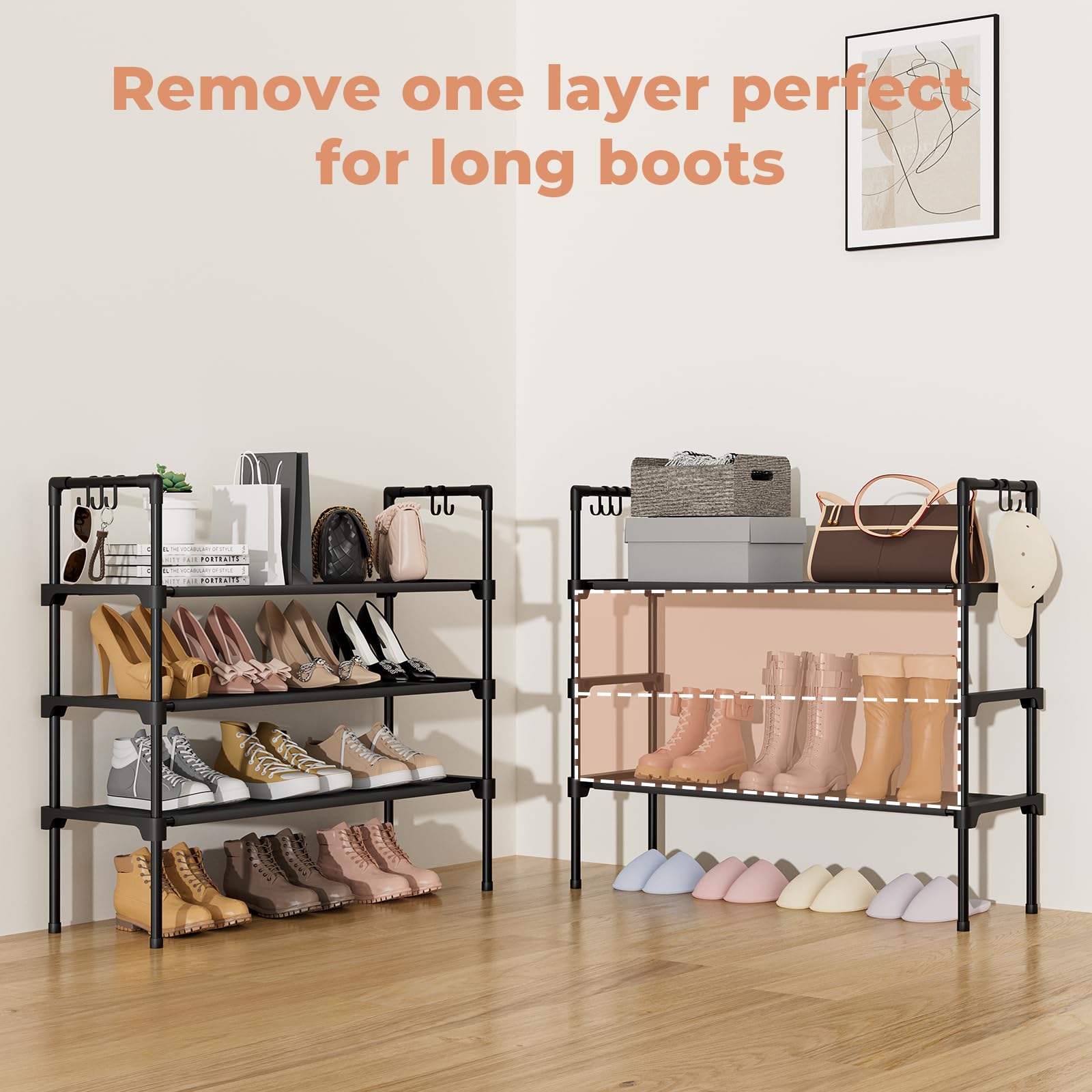 3 Tier Shoe Rack for Closet - Space Saving Shoe Organizer with 5 Hooks, Stackable Free Standing Shoe Shelf for Entryway, Garage, Dorm & Small Spaces - Perfect for Boots, Sneakers & Heels Storage (Black) | Ideal for Home, Office & Apartment Organization