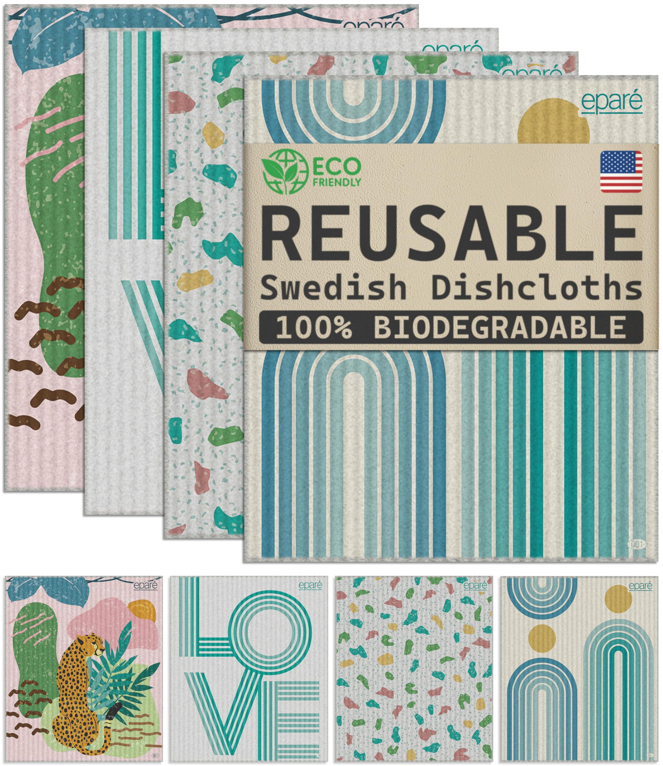 Eparé Swedish Kitchen Dish Cloths - 8 Pack Grey Super Absorbent Cellulose Sponge Cloths | Reusable & Eco-Friendly Dish Towels | Quick-Dry Cleaning Cloths for Dishes, Countertops & Household Cleaning (Perfect for Kitchen, Bathroom & Car Washing)