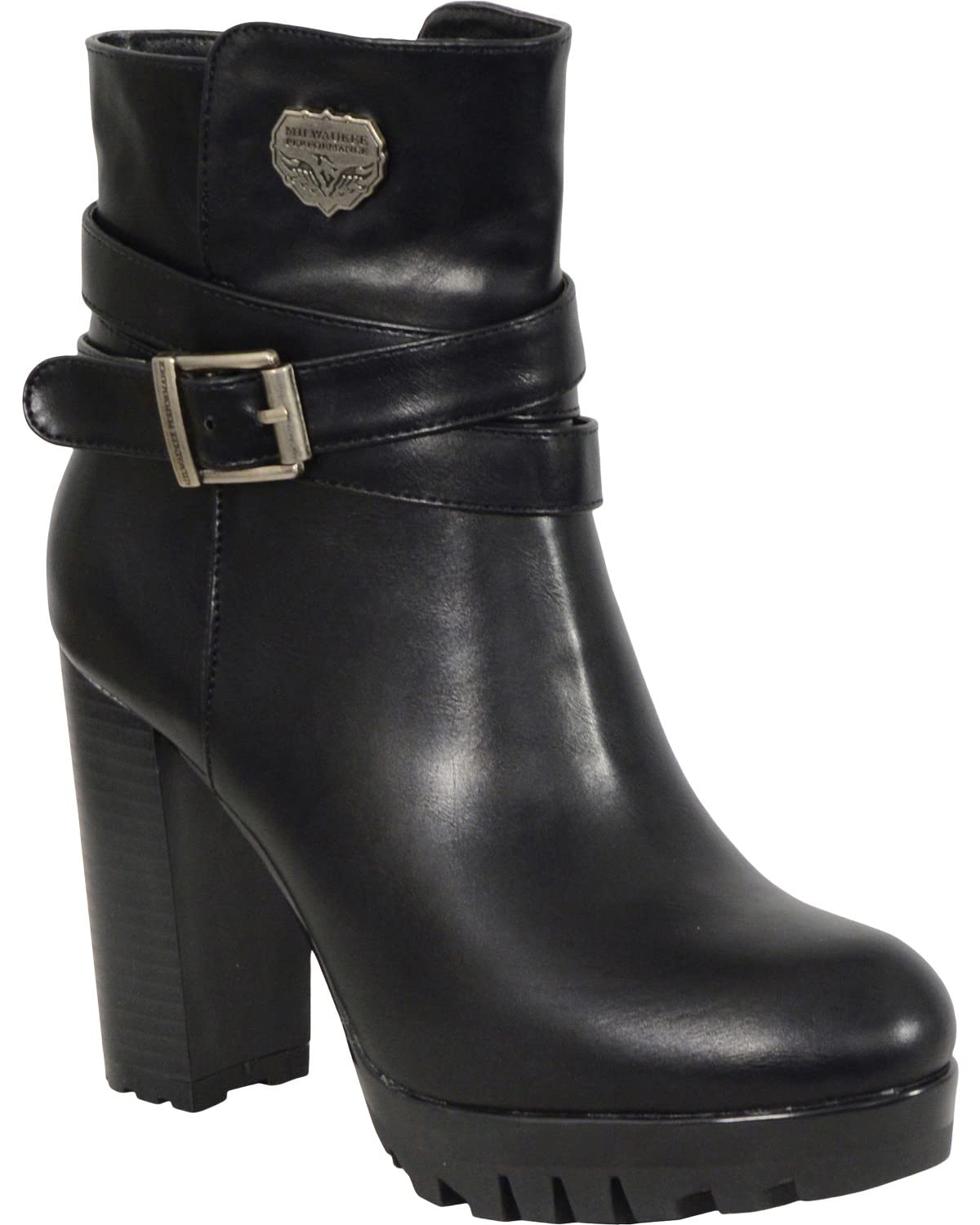 Milwaukee Leather Women's Double Strap Platform Heel Boots - Round Toe Black Size 6 | Fashionable Ankle Boots for Casual Outfits & Night Out