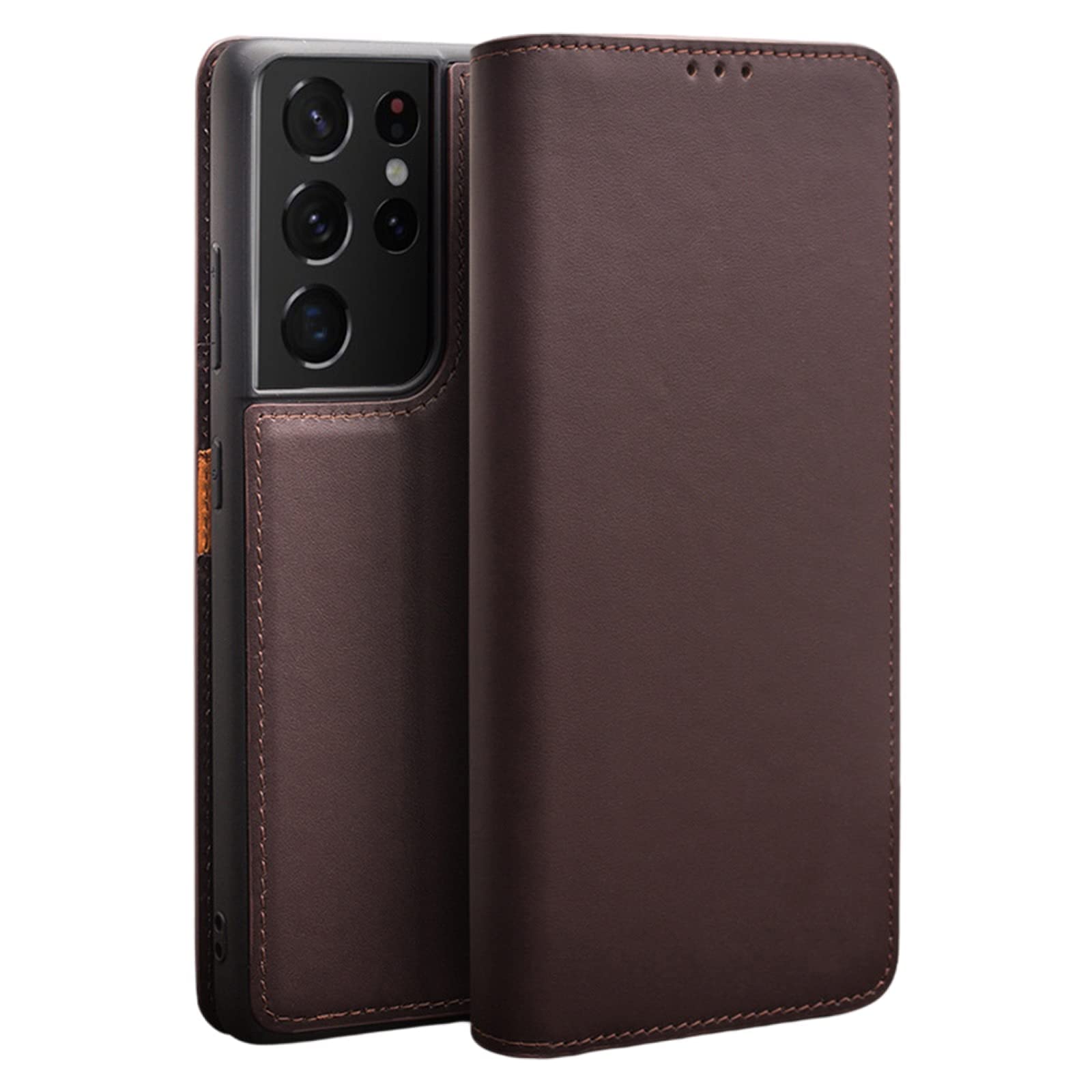 Genuine Cowhide Leather Wallet Case for Samsung Galaxy S21 Ultra - Handmade Flip Cover with Card Holder & Kickstand, TPU Shell Folio Protection (Brown) | Perfect for Business, Travel & Everyday Use