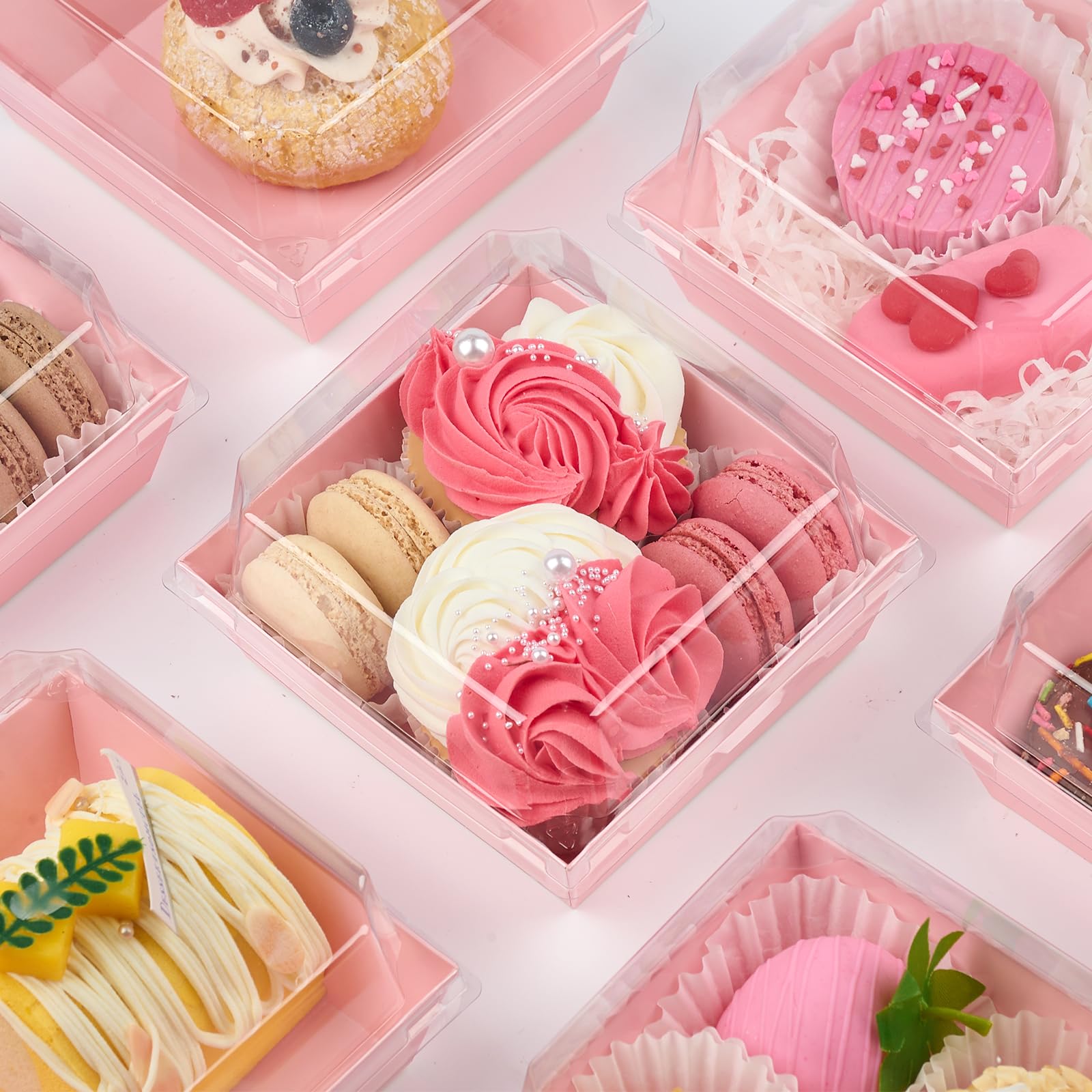 50 Pack 5 Inch Pink Square Paper Charcuterie Boxes with Clear Lids - Small Bakery To-Go Containers for Cake Slices, Desserts, Cookies, Sandwiches & Strawberries | Perfect for Parties, Catering & Gift Packaging