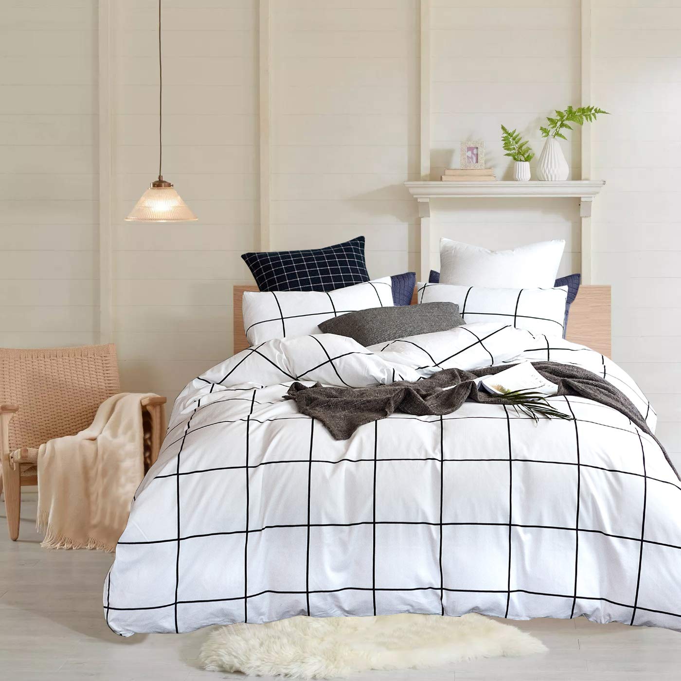 Wellboo White Plaid Duvet Cover Twin Size - 100% Cotton Black & White Checkered Bedding Set for Women & Men - Soft Geometric Square Comforter Cover for Teens, Dorm Room & Guest Bedroom Decor