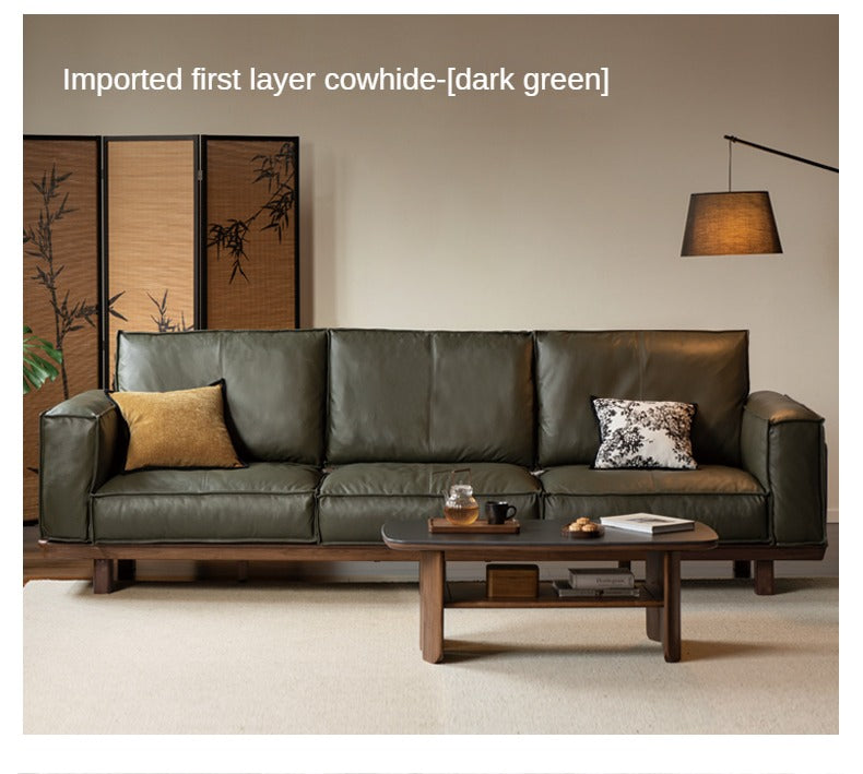 Premium Black Walnut Solid Wood Leather Sofa - Handcrafted Luxury Sofa for Living Room, Office & Lounge - Durable & Stylish Modern Furniture for Home Decor