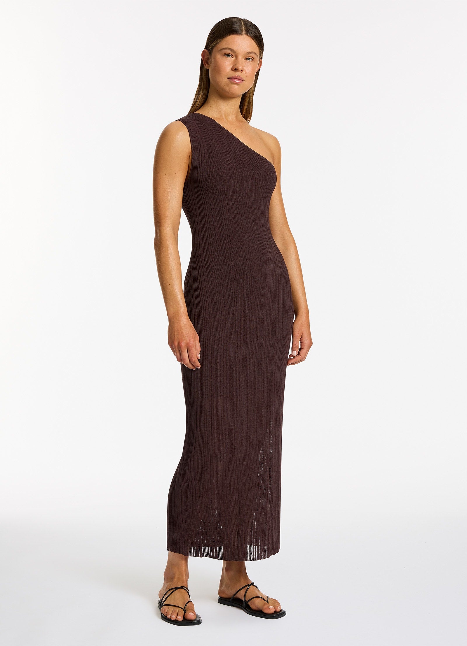 Jetset Knit One Shoulder Dress in Chocolate Brown - Perfect for Cocktail Parties & Summer Vacations