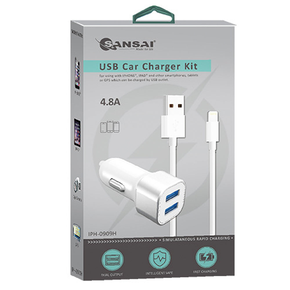 2 Port USB Car Charger with 8 Pin Cable - Fast Charging Dual USB Port Adapter for iPhone & Android - Perfect for Road Trips & Daily Commute