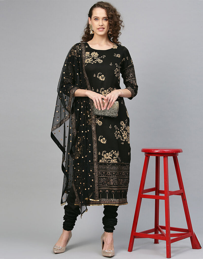 Elegant Black Polyester Salwar Suit with Churidar Pants - Traditional Indian Ethnic Wear for Women | Perfect for Weddings, Festivals & Special Occasions