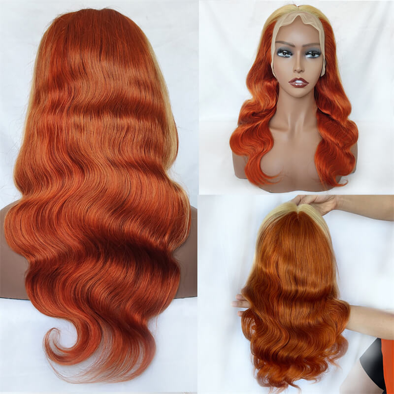 Eullair Blonde Highlights Body Wave Human Hair Lace Front Wig - Natural Ginger Color for Women, Perfect for Cosplay, Parties & Daily Wear