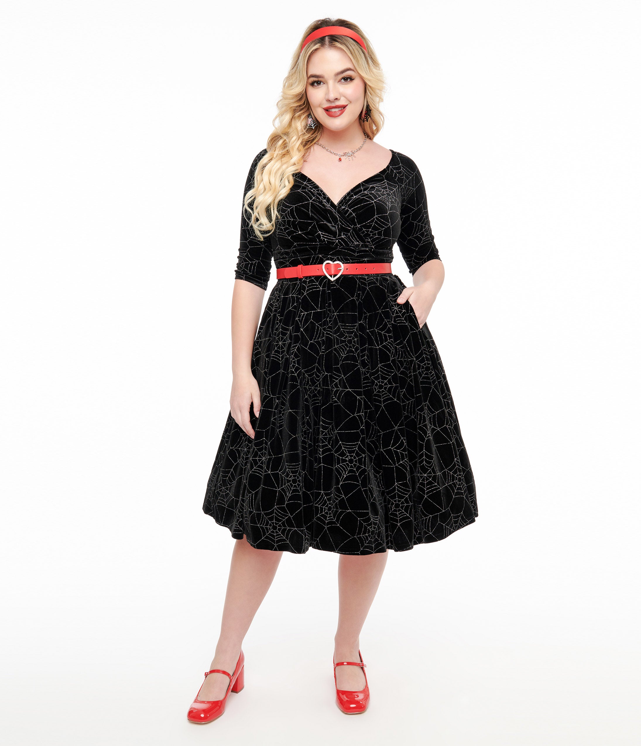 Vintage 1950s Black Velvet Swing Dress with Silver Spiderweb Design - Retro Pinup Cocktail Party & Halloween Costume Dress for Women
