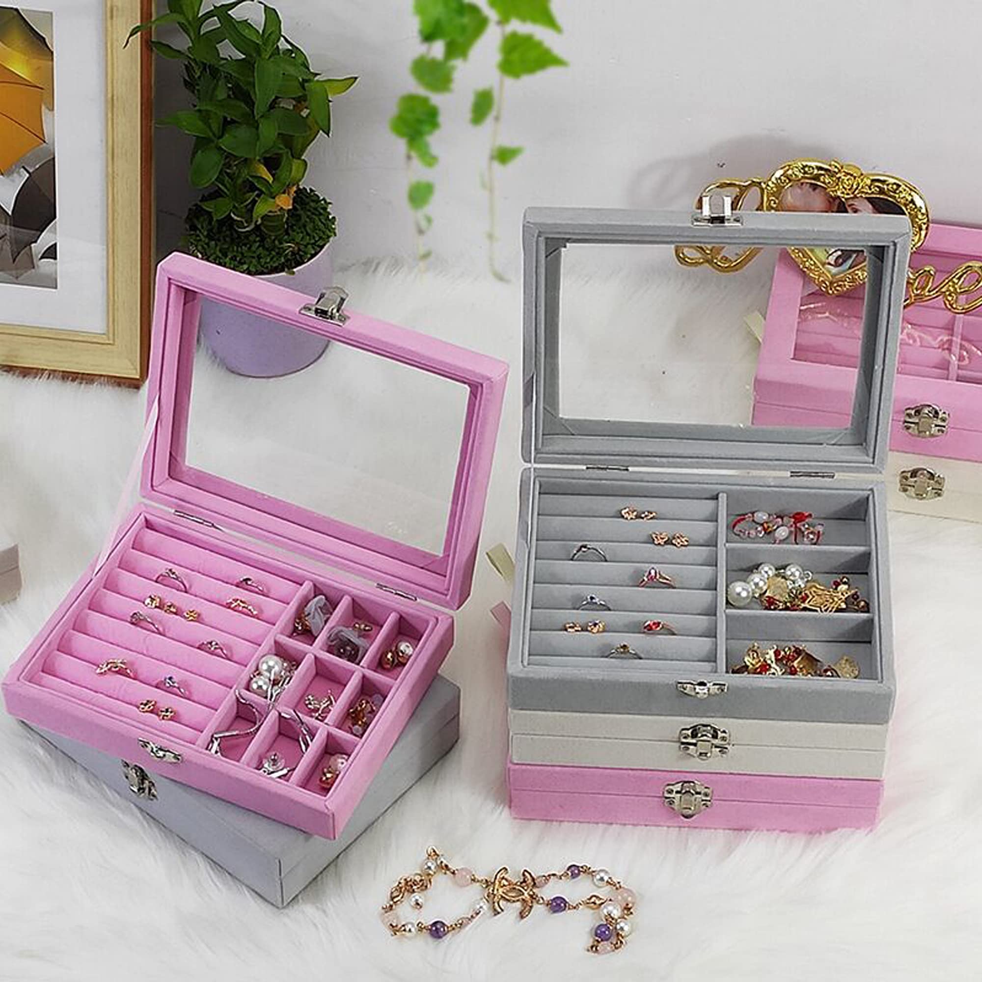 Elegant Jewelry Box for Women & Girls - Glass Top Ring Earring Necklace Bracelet Watch Storage Case - Perfect for Gifts, Travel & Home Organization (Grey)