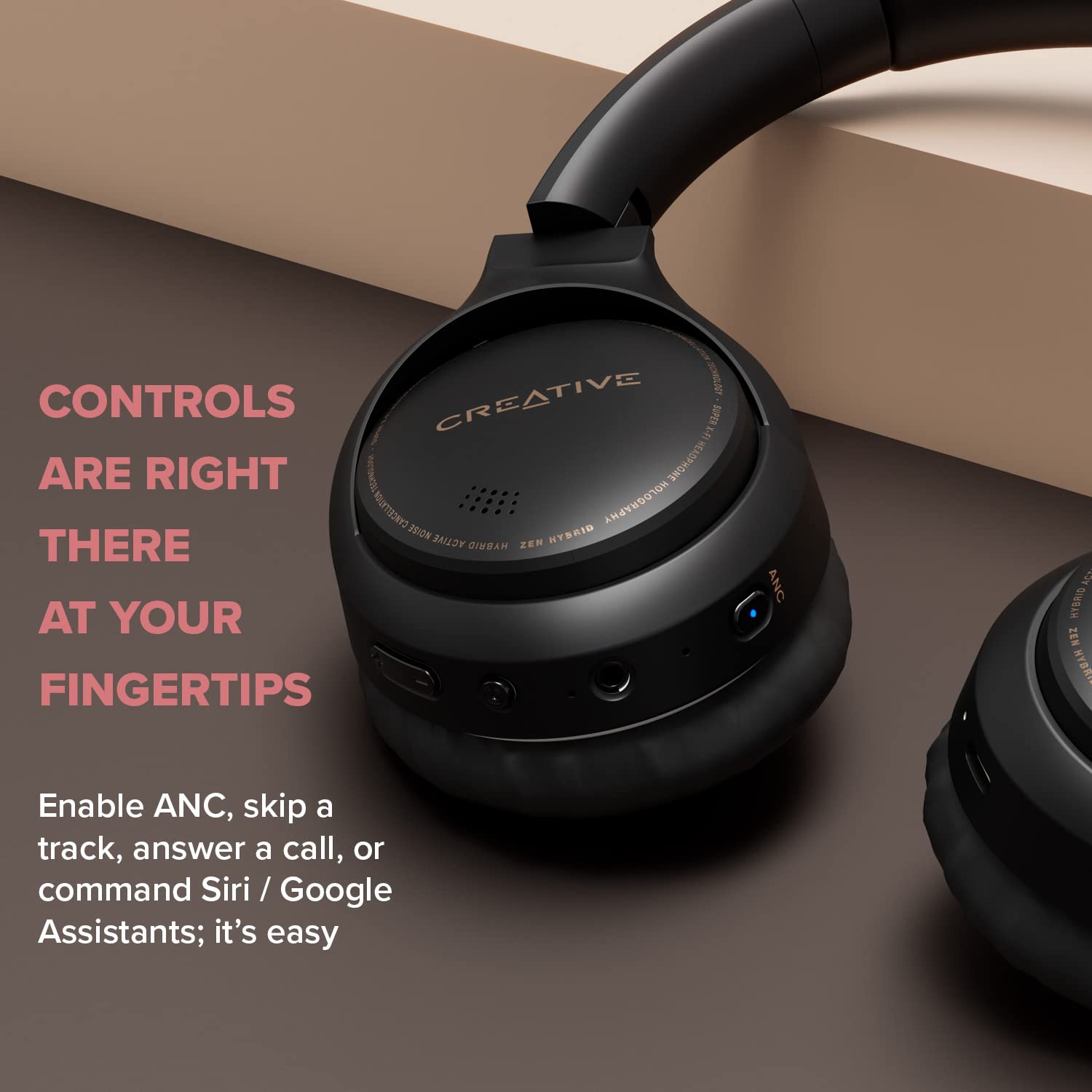 Creative Zen Hybrid Wireless Over-Ear Headphones with Hybrid Active Noise Cancellation & Ambient Mode - 27H Playtime (ANC On), Bluetooth 5.0, AAC, Built-in Mic - Perfect for Travel, Work & Music Lovers (Black)