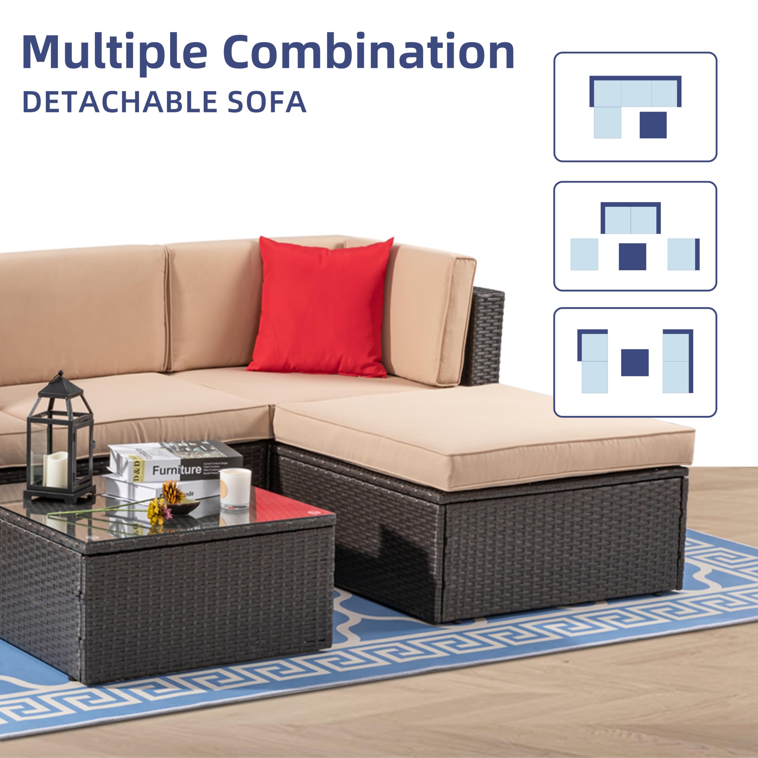 5-Piece All-Weather Brown PE Wicker Outdoor Patio Furniture Set - Garden Conversation Sectional Sofa with Ottoman, Glass Table & Red/Beige Pillows - Perfect for Backyard, Poolside & Terrace Relaxation