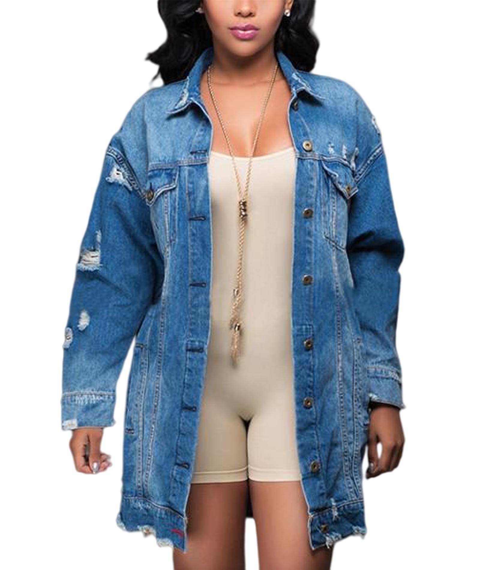 SOMTHRON Women's Distressed Denim Jacket & Ripped Jeans Set - Vintage Denim Outfit for Spring Fall Fashion - Casual Streetwear, Layering Outerwear for Daily Wear