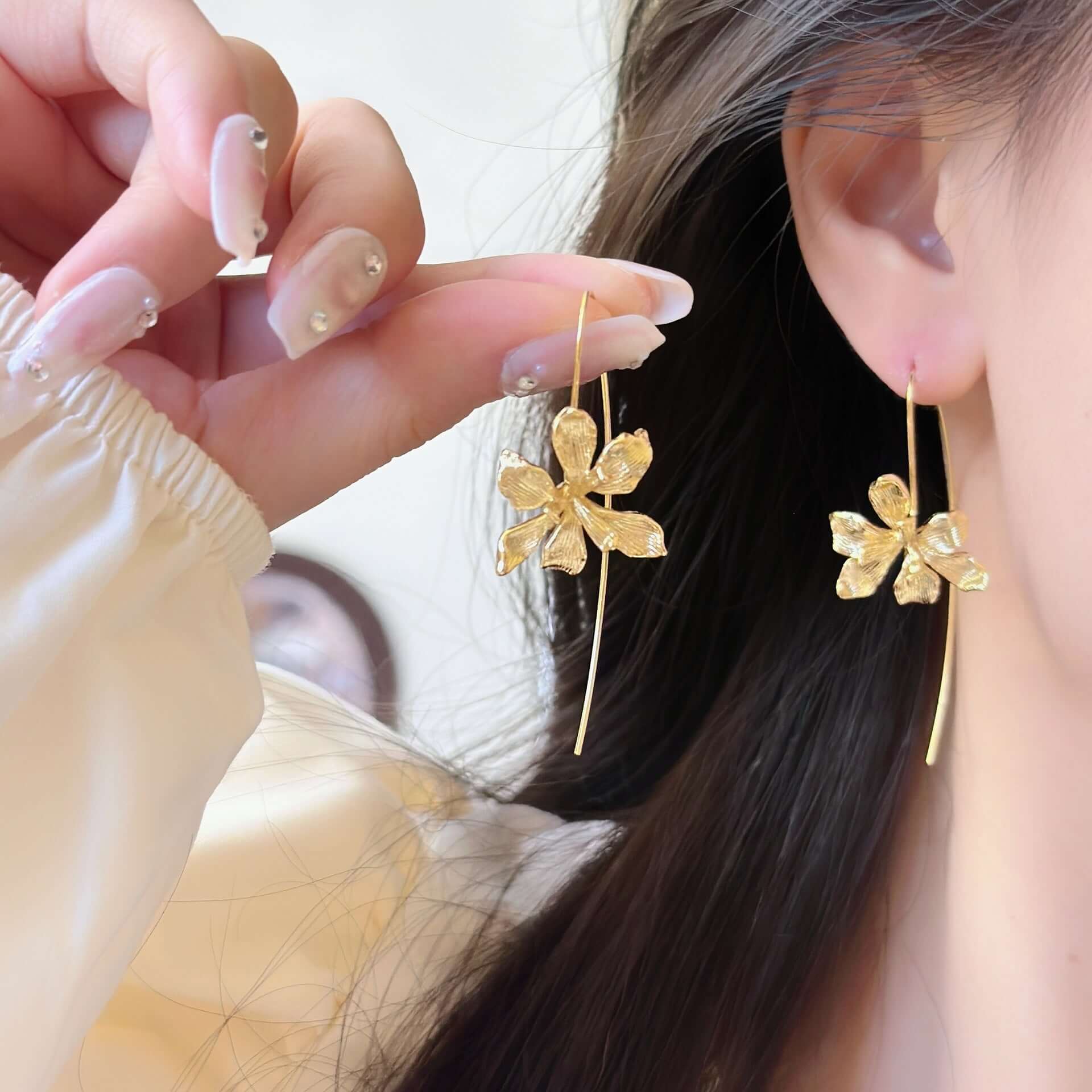 Petite Iris Flower Drop Earrings with Hook | HE2187 | Elegant Dangle Earrings for Women, Perfect for Weddings, Parties & Everyday Wear