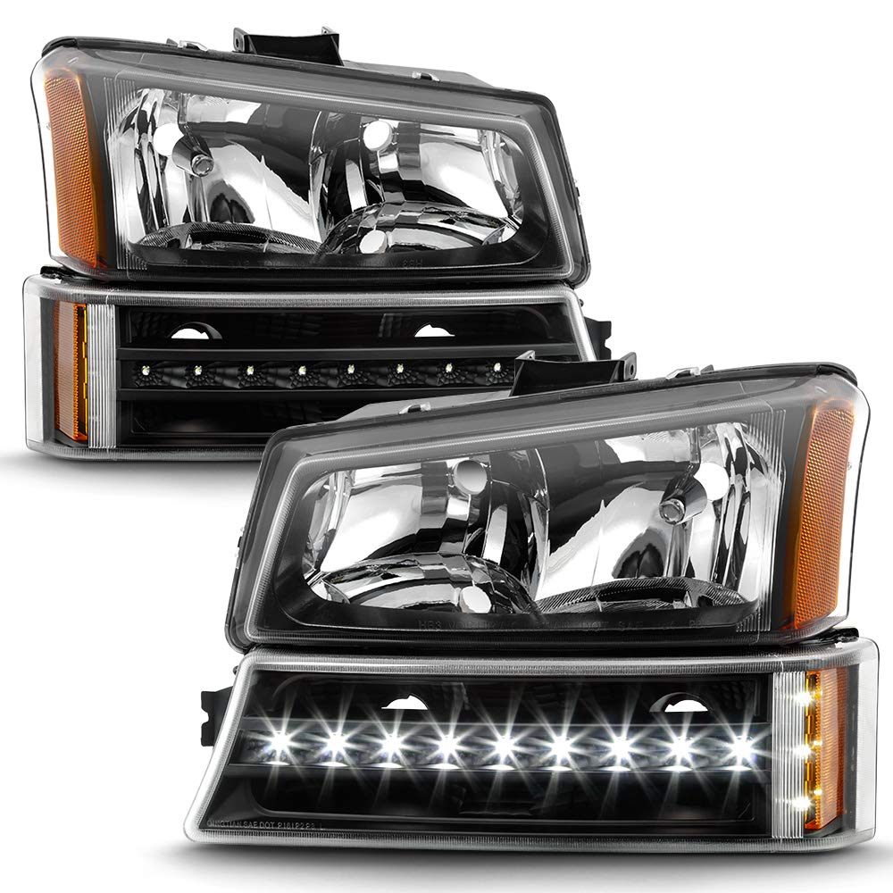 ACANII Black Headlights & LED Bumper Signal Lights Set for 2003-2006 Chevy Silverado 1500/2500/3500 - 4pc Replacement Kit for Improved Night Visibility & Style Upgrade