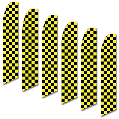 6 Pack Yellow and Black Checkered Swooper Flags - Race Car Decor, Sports Events, Party Supplies, and Tailgating Accessories