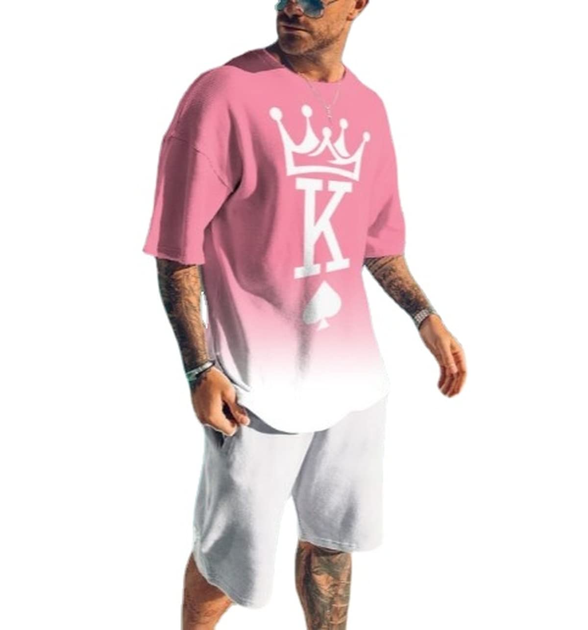 MARLLCO Men's Summer Tracksuit Set - 2 Piece Short Sleeve T-Shirt & Athletic Shorts with 3D Poker Print - Gym, Workout & Casual Streetwear Outfit for Sports & Summer Activities
