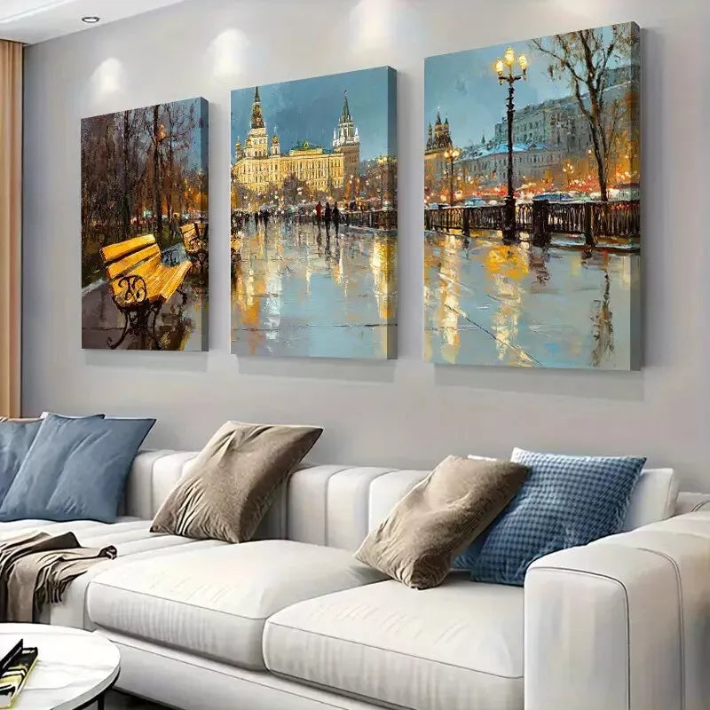 3-Piece Moscow Evening Streetscape Wrapped Wall Art Set - Framed Canvas 40x60cm (16x24in) - High Quality Print - 100% Australian Made - Ready to Hang - Perfect for Living Room, Bedroom & Office Decor
