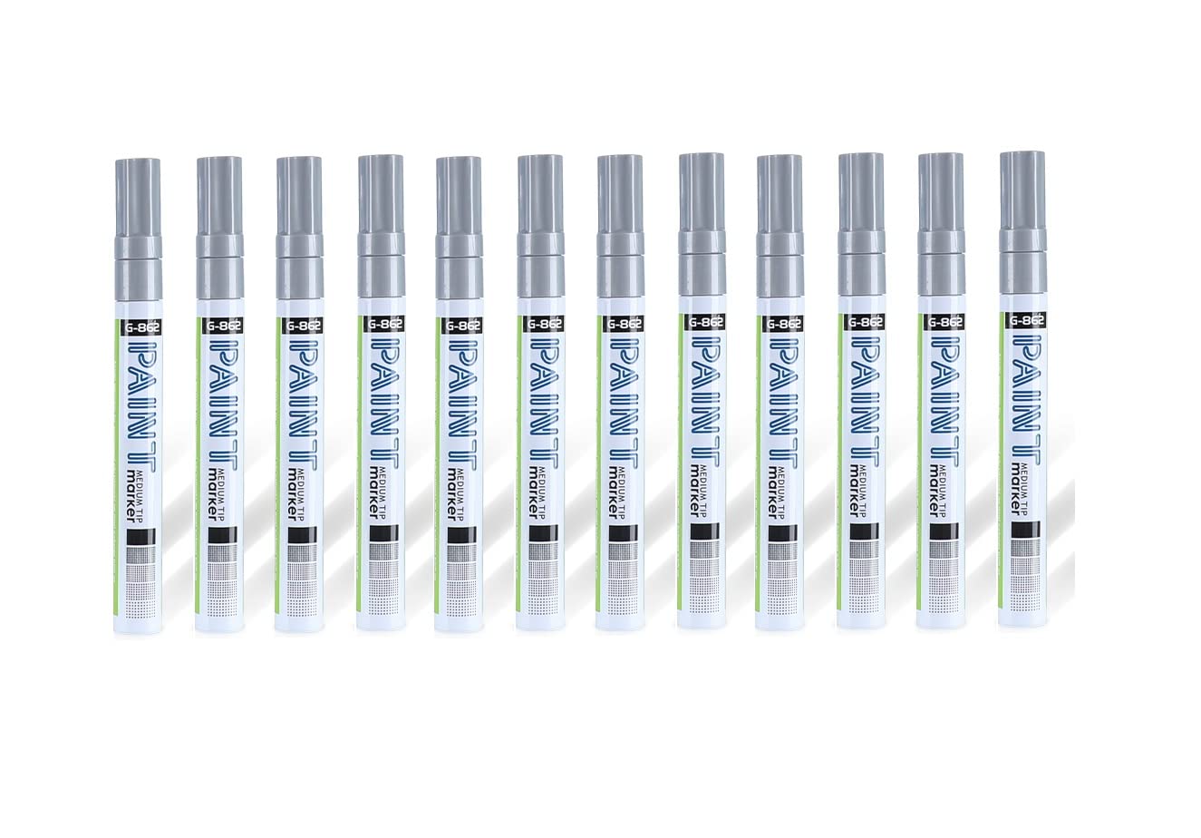 GXIN 12 Pack Silver Oil-Based Paint Pens - Opaque, Permanent Metallic Paint Markers with Medium Tip for DIY, Crafts, and Art Projects