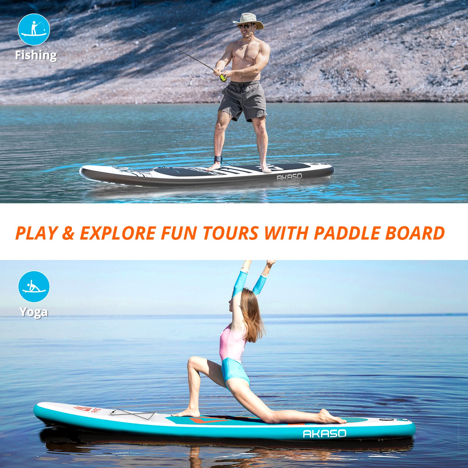 AKASO Inflatable Stand Up Paddle Board with Premium Accessories - Yoga SUP Board Includes Backpack, Non-Slip Deck, Waterproof Bag, Leash, Floating Paddle & Hand Pump (Black) - Perfect for Yoga, Fishing, Surfing & Family Fun on Lakes, Rivers & Oceans