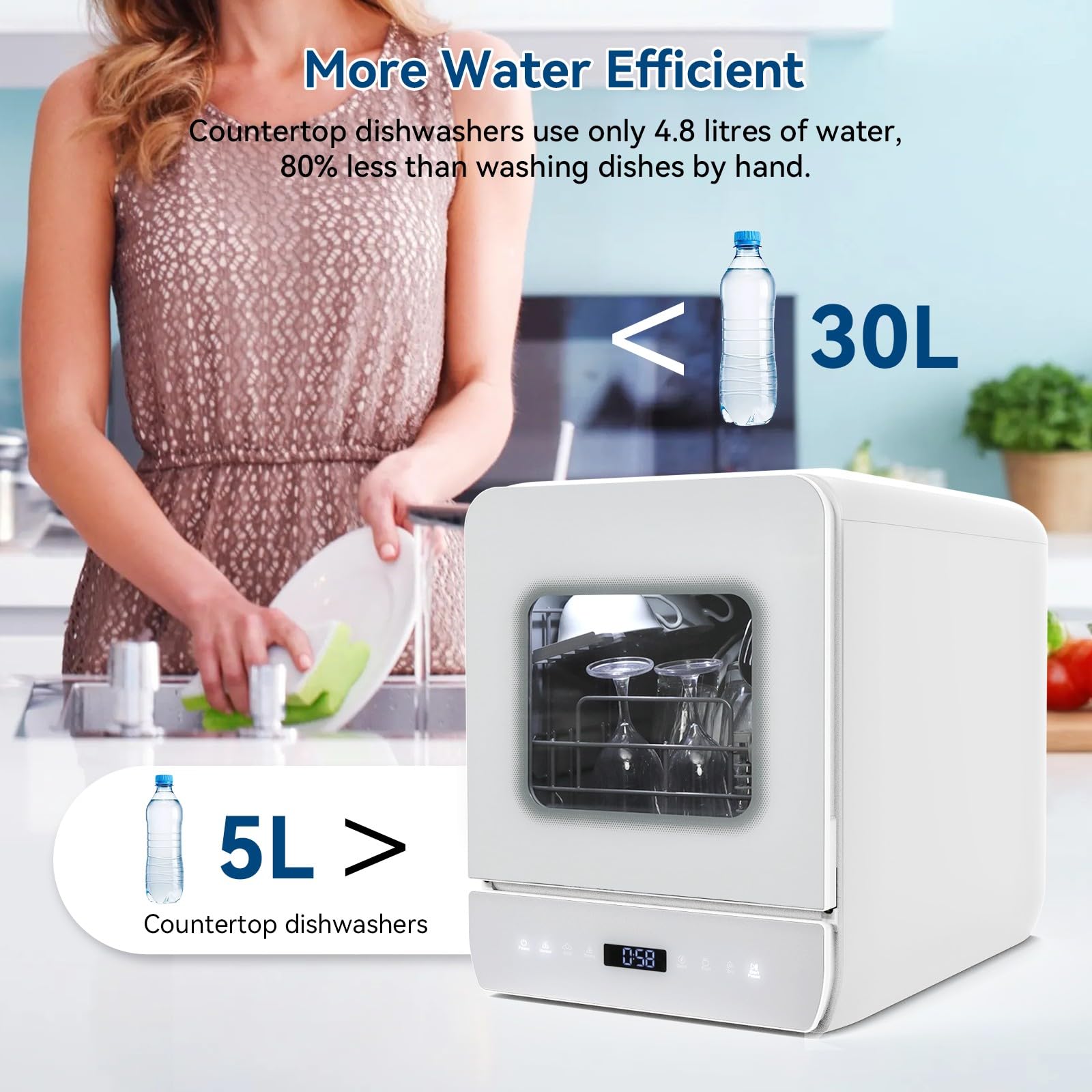 Portable Countertop Dishwasher with 6+4 Wash Programs | Built-in 5L Water Tank | Dual Water Supply Modes | Touch Control & LED Display | Drying Cycle & Fruit Wash Function | Perfect for Apartments, RVs, Dorms & Small Kitchens