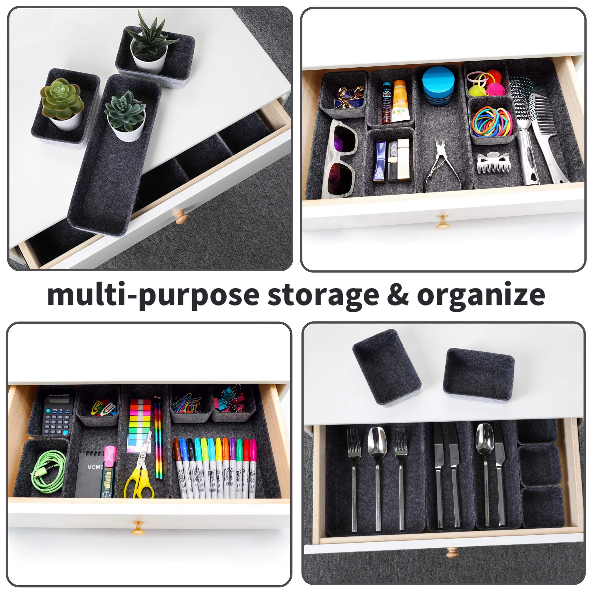 Welaxy 8-Piece Desk Drawer Organizer Tray - Shallow Felt Storage Bin for Office Supplies, Makeup, Pens, Keys & Crafts | Soft Yet Sturdy, Minimalist Design (Charcoal) | Perfect for Home Office, Vanity & Craft Room Organization