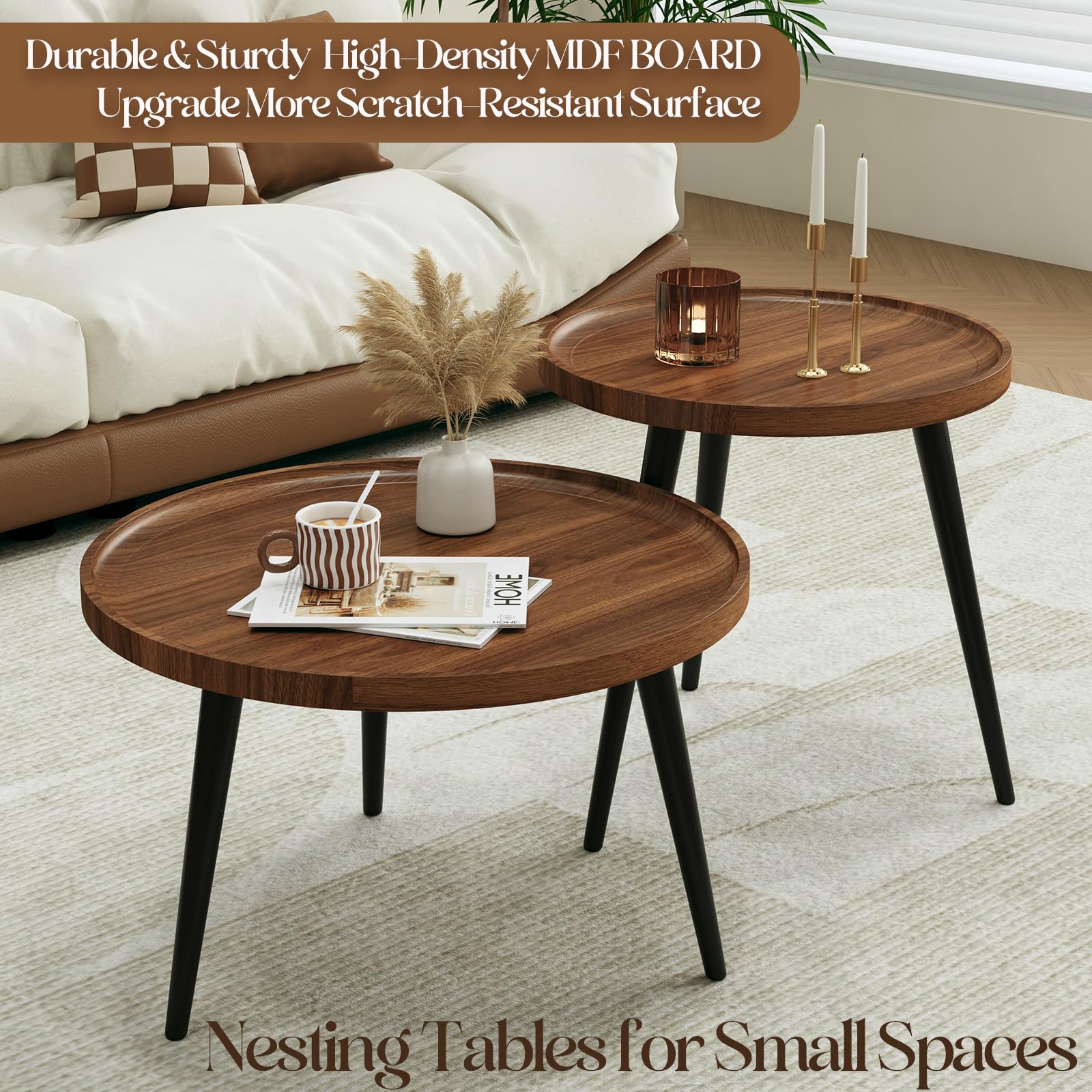 2 Pcs Mid Century Modern Round Coffee Tables - Easy Assembly Nesting Tables for Living Room, Bedroom, Office, Balcony & Yard - Minimalist Walnut Circle Coffee Tables for Home Decor & Small Spaces