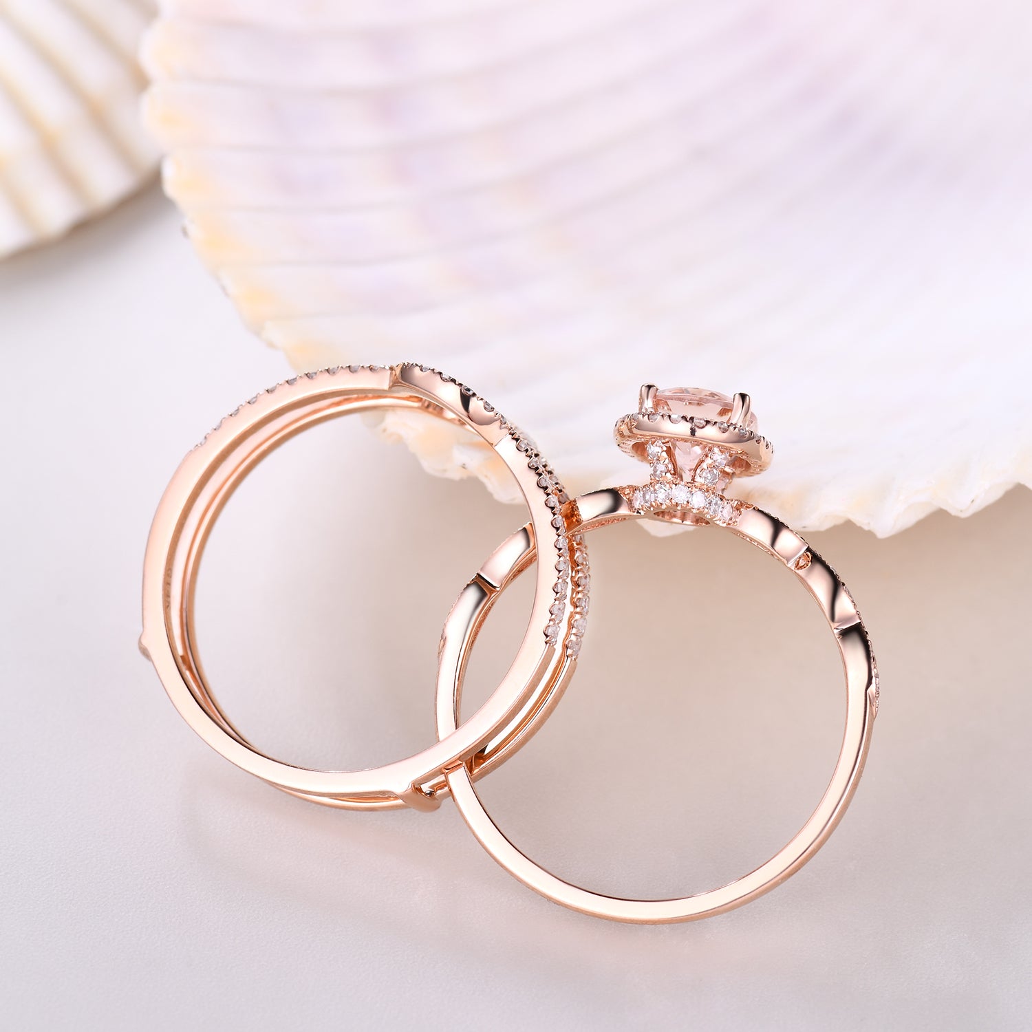 Stackable Oval Cut Morganite Engagement Ring Set with Diamond Accent Double Row Band - Perfect for Bridal, Wedding, and Anniversary Gifts