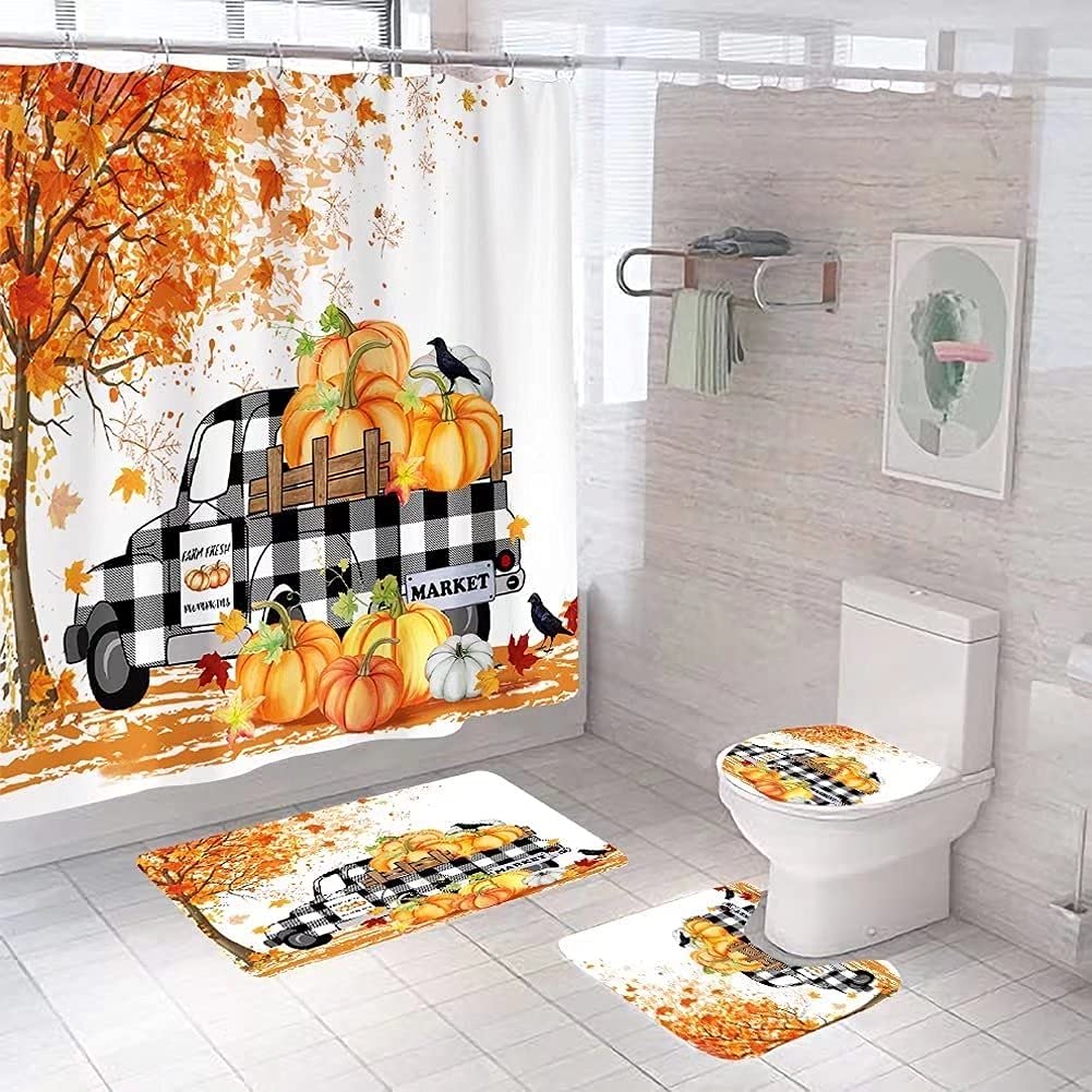 4Pcs Autumn Maple Pumpkin Shower Curtain Set with Non-Slip Bath Rugs, Toilet Cover & Bath Mat - Waterproof Halloween Bathroom Decor for Fall Thanksgiving Home Decor | Perfect for Seasonal Bathroom Makeover and Cozy Autumn Atmosphere