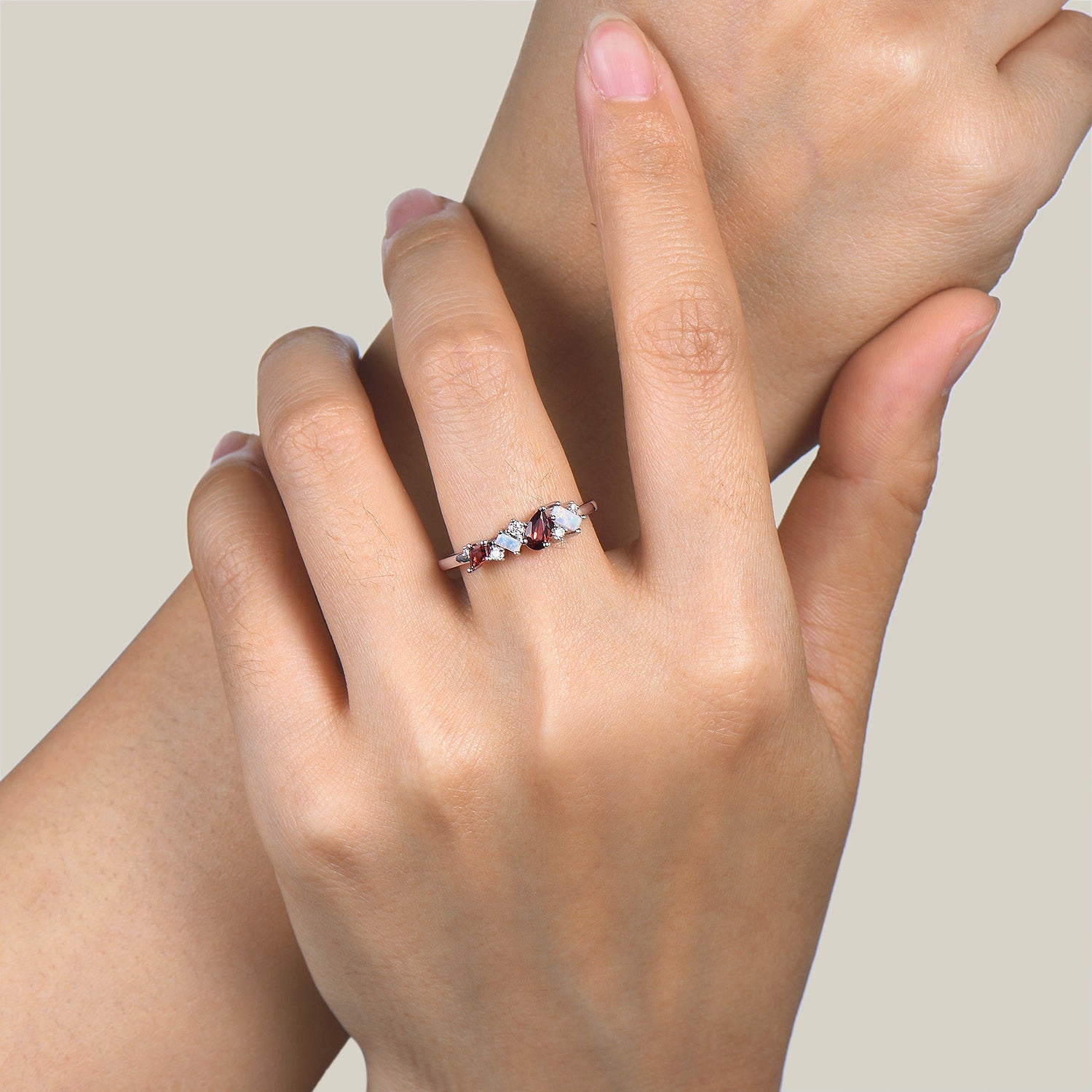 Pear Cut Garnet Cluster Wedding Band - Mixed Cut Opal & Diamond Dainty Ring for Women | Elegant Bridal Jewelry, Anniversary Gift, Engagement Ring Alternative