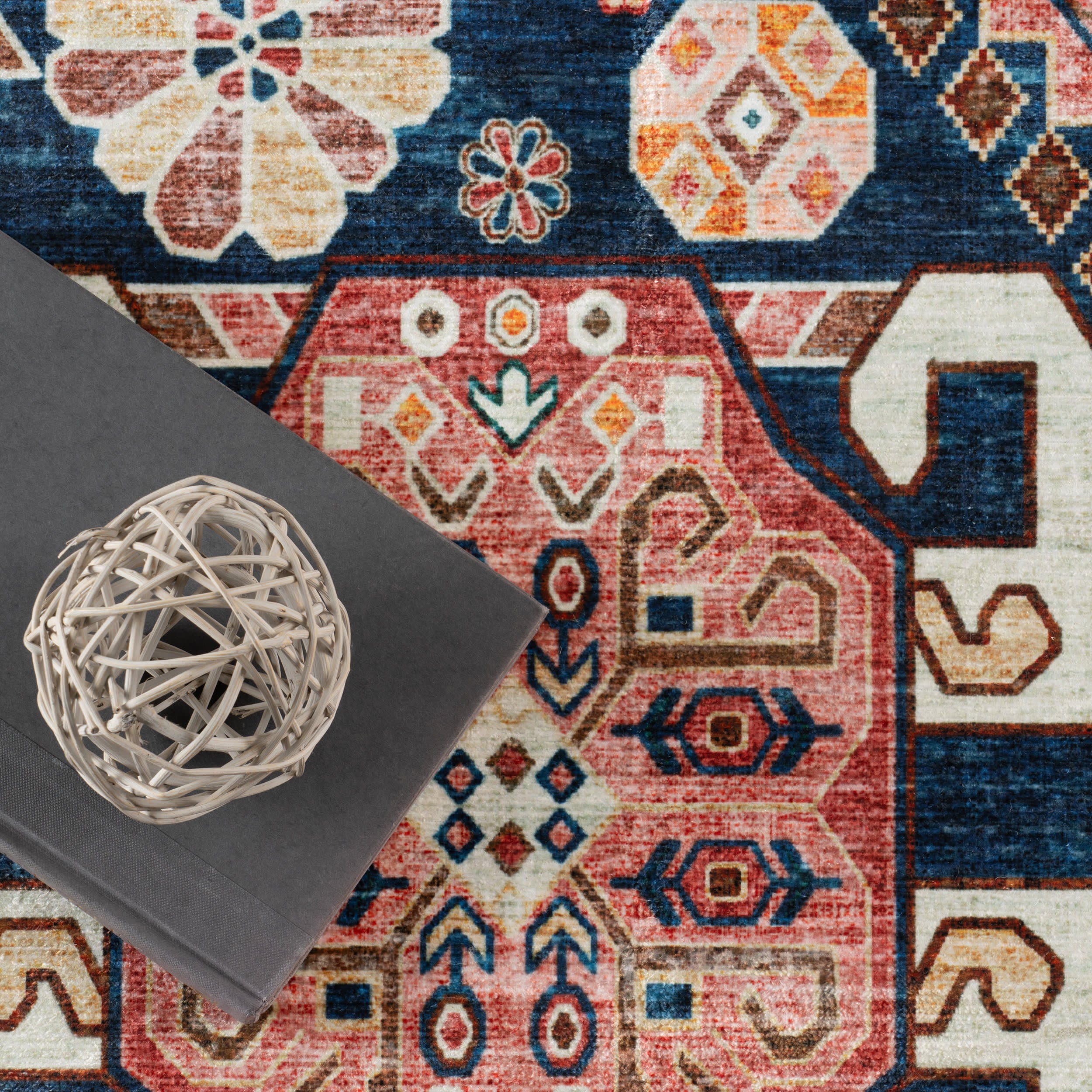 Celia Medallion Spill Proof Washable Rug - Dark Blue Non-Slip Area Rug for Living Room, Bedroom, Kitchen | Perfect for High Traffic Areas & Pet Friendly Homes
