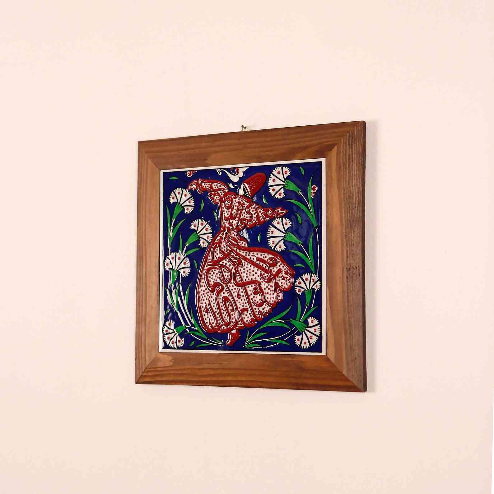 Hand Painted Islamic Iznik Tile Wall Art - Whirling Darwish Design - Authentic Turkish Home Decor for Living Room, Bedroom & Office