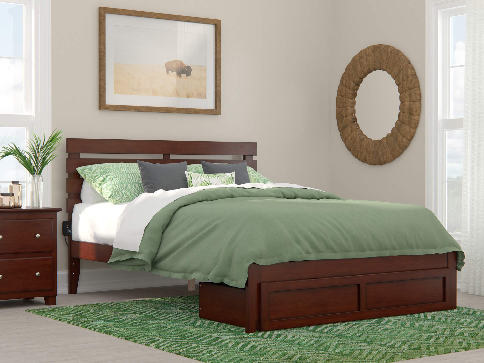 AFI Oxford Queen Size Platform Bed Frame with Foot Drawer Storage & USB Charging Station - Walnut Finish - Modern Bedroom Furniture for Small Spaces & Apartment Living