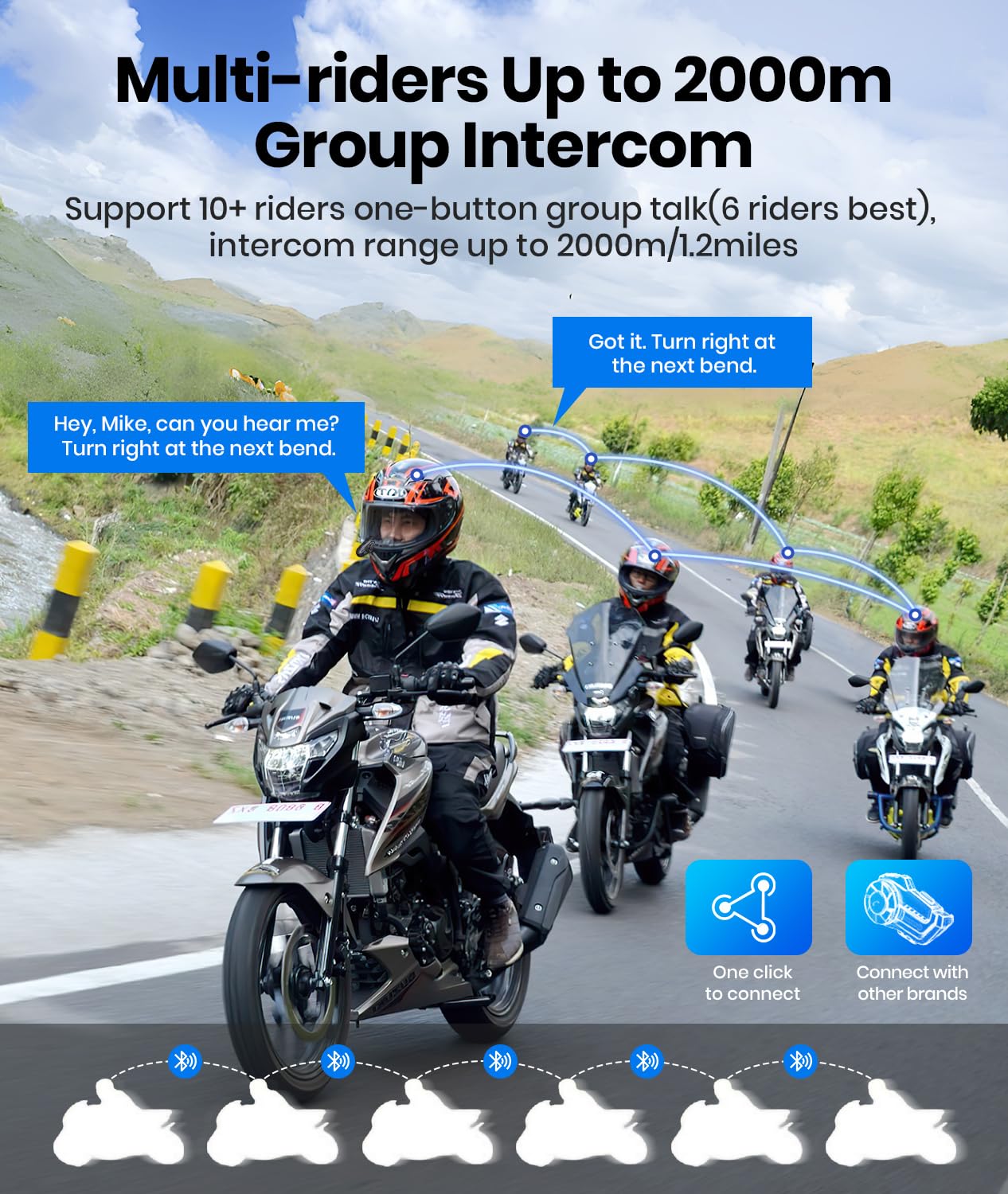 Motorcycle Helmet Bluetooth Headset - 2000M Range, 10 Rider Intercom System with Noise Cancellation | Hands-Free Communication, Stereo Music & Helmet Radio | 2 Pack Motorcycle Accessories for Group Rides & Long-Distance Touring