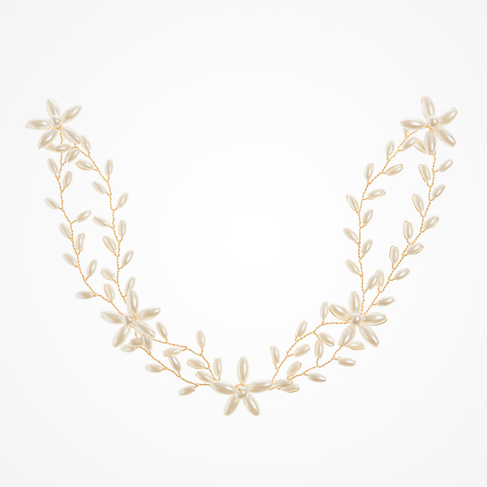 Biana Pearl Blossom Hair Vine Gold - Elegant Floral Hair Accessory for Weddings, Prom, and Special Occasions