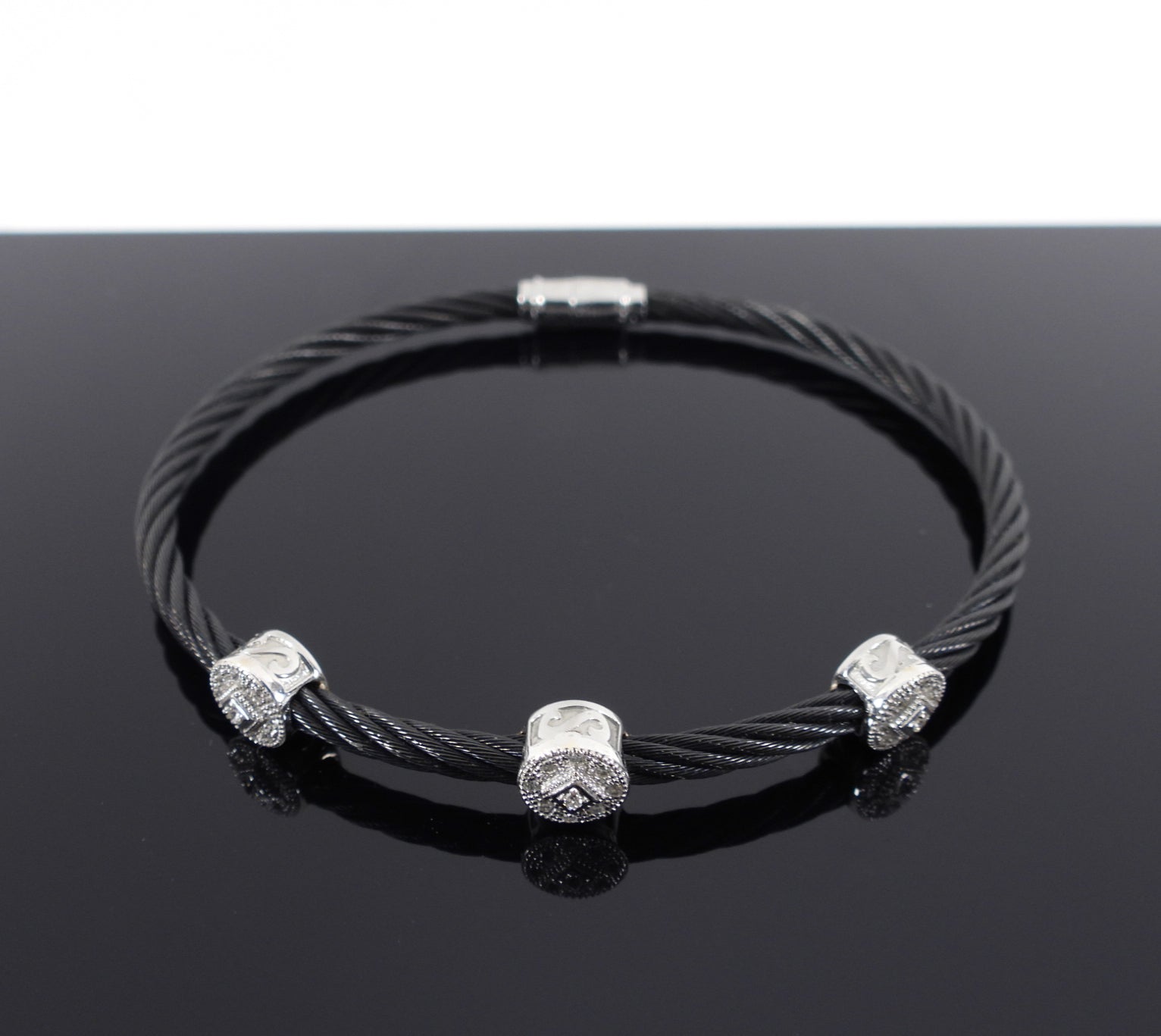 Charriol Black Cable Diamond Three Station Bracelet for Women - Luxury Stainless Steel Jewelry Gift for Anniversary, Birthday & Special Occasions